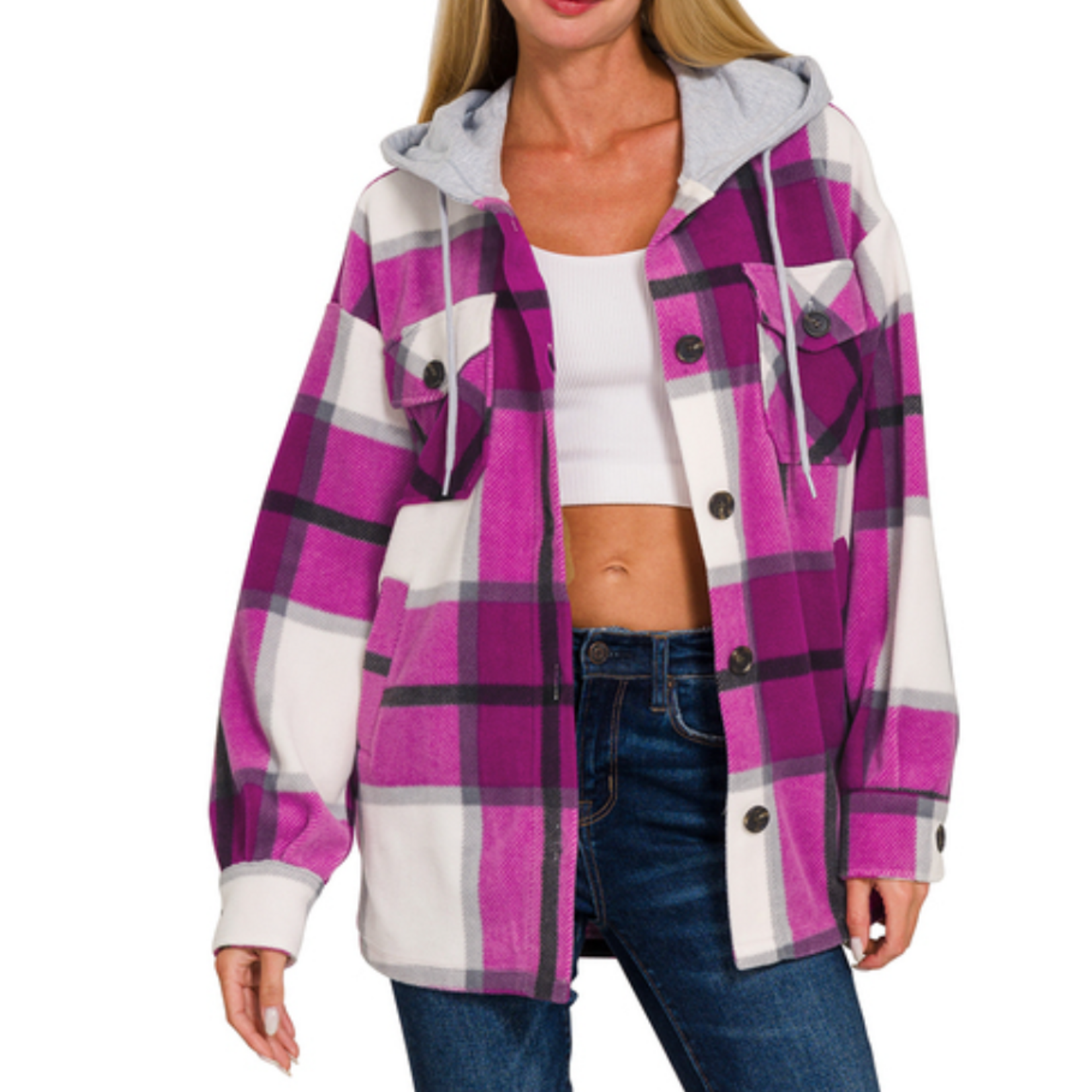 Zenana Zenana Plaid Hooded Shacket Lt Plum