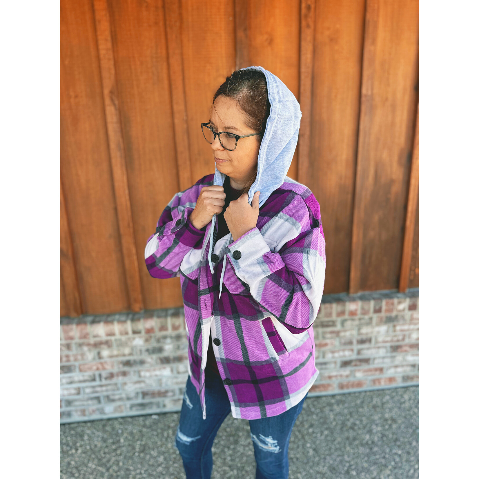 Zenana Zenana Plaid Hooded Shacket Lt Plum