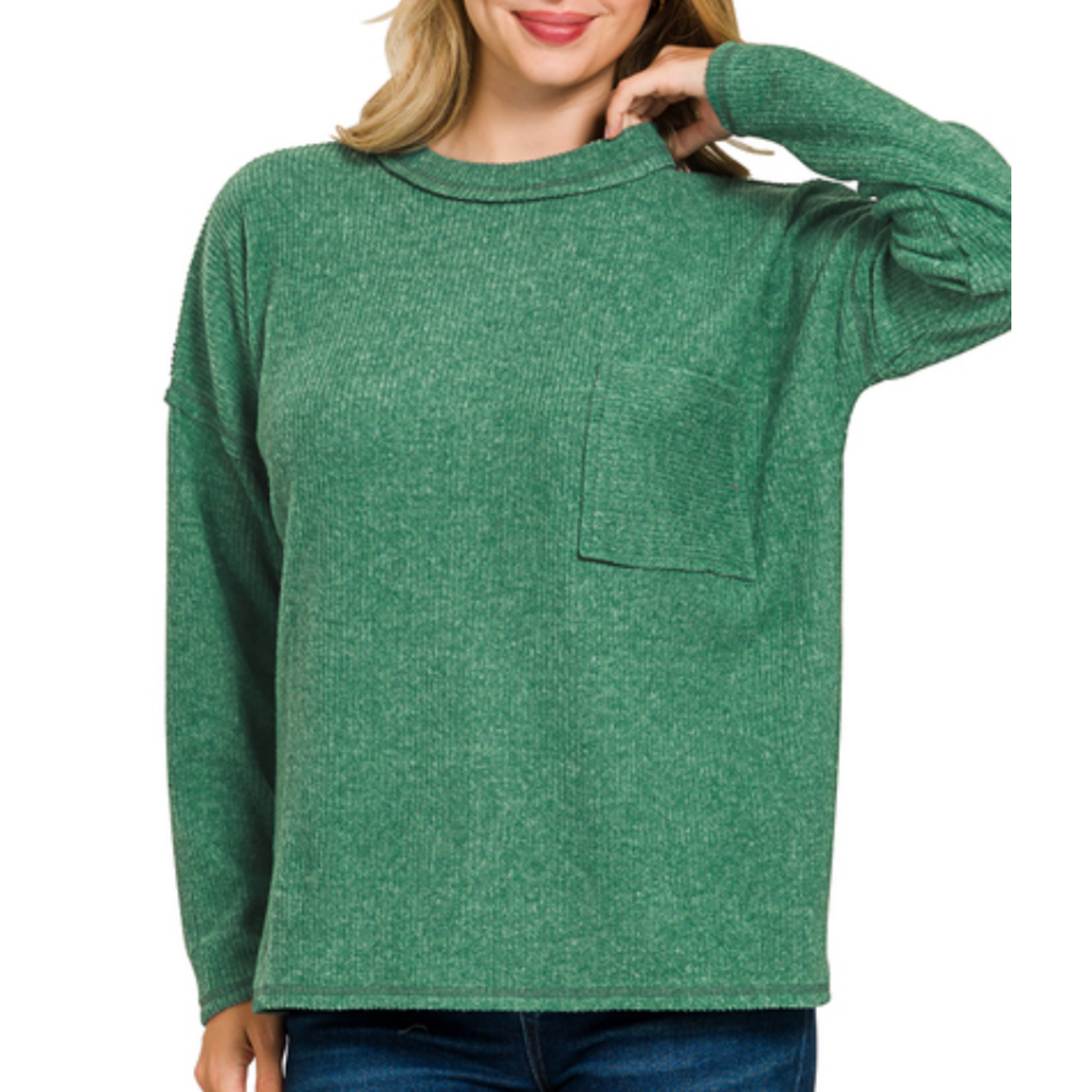 Zenana Zenana Ribbed Brushed Melange Hacci with Pocket Dk Green