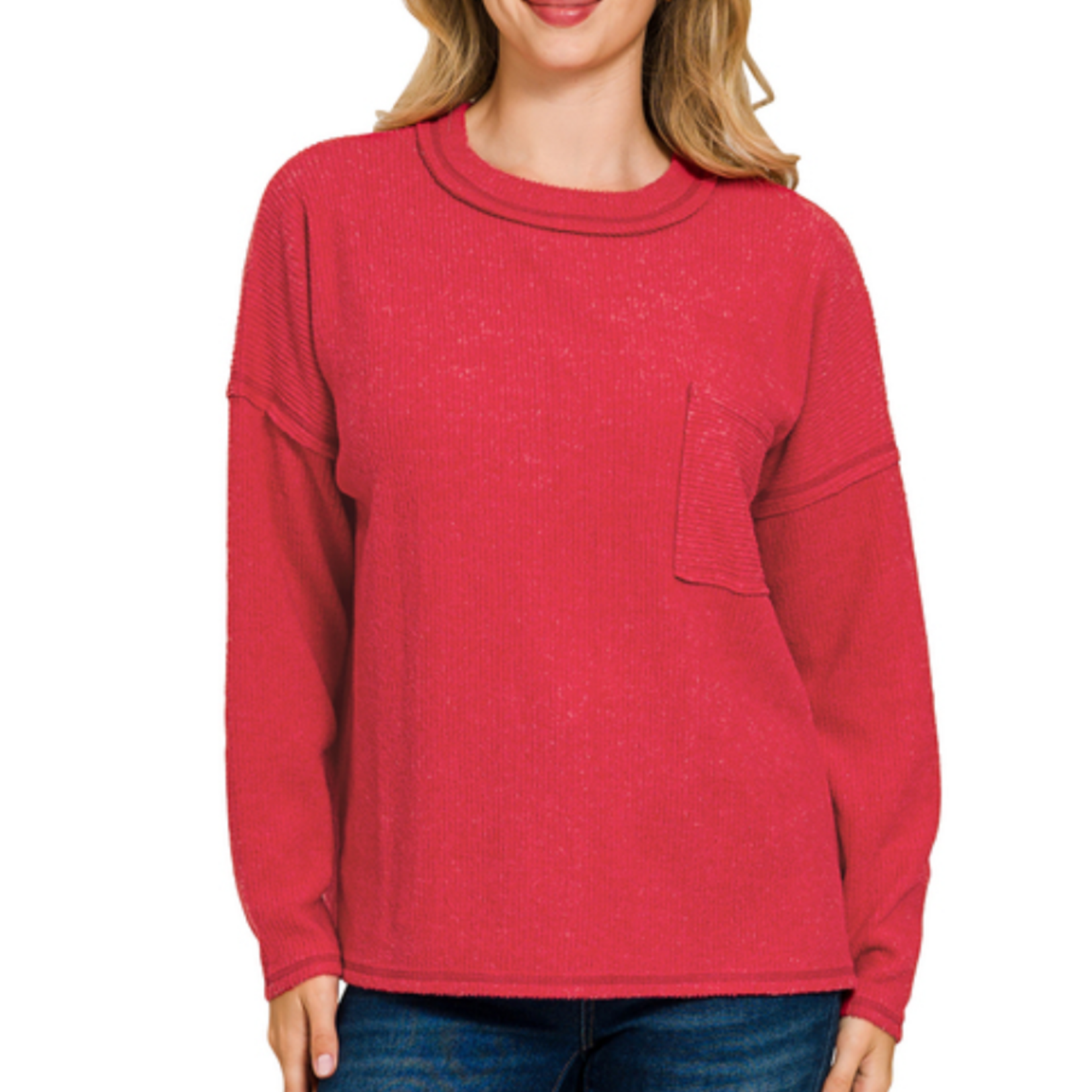 Zenana Zenana Ribbed Brushed Melange Hacci Sweater with Pocket DK Red
