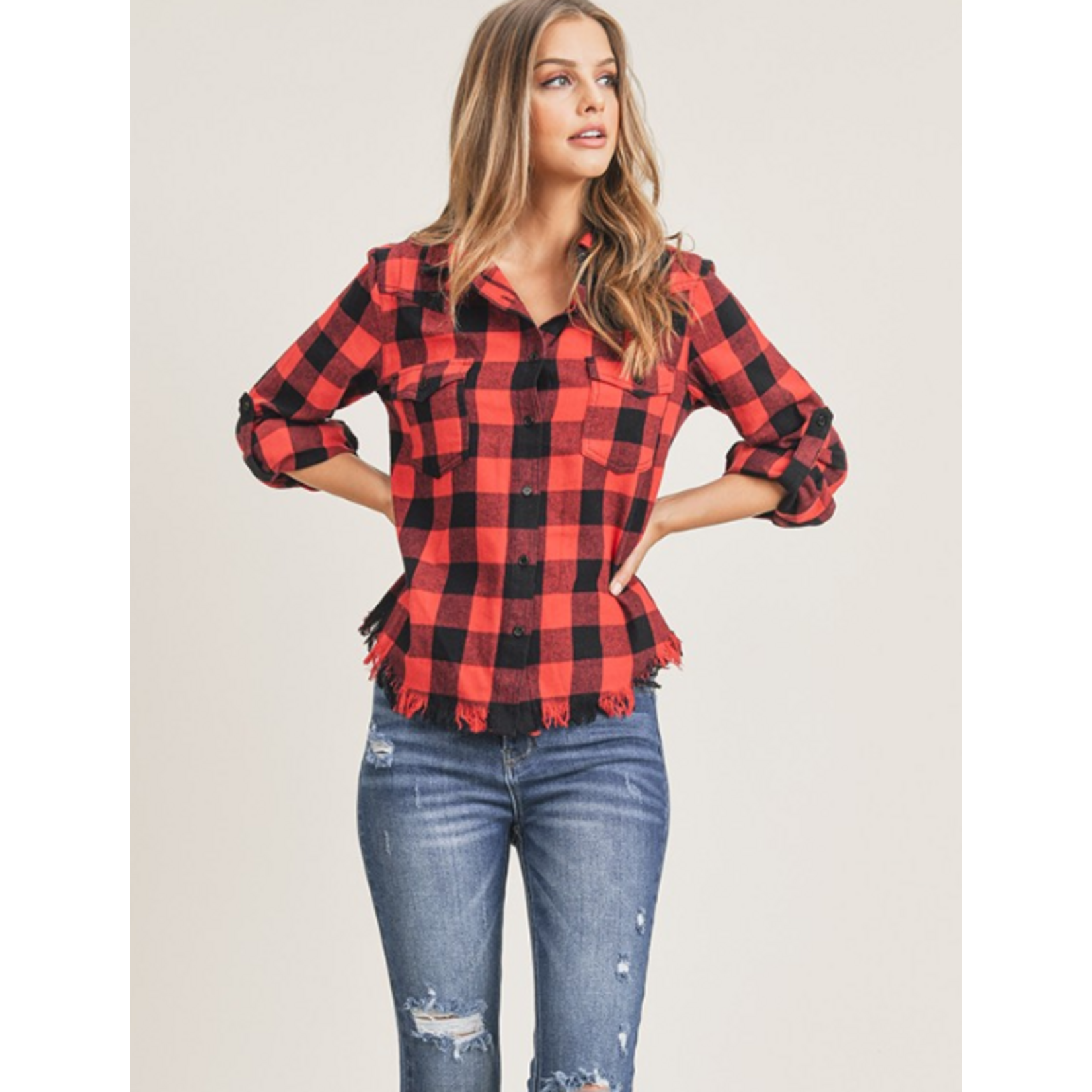 Risen Risen Plaid Frayed Hem Hi & Lo Shirt Red