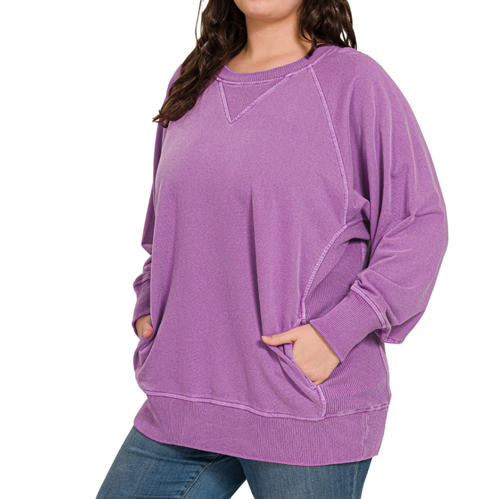 Zenana Zenana Pigment Dyed French Terry Pullover with Pockets Light Plum