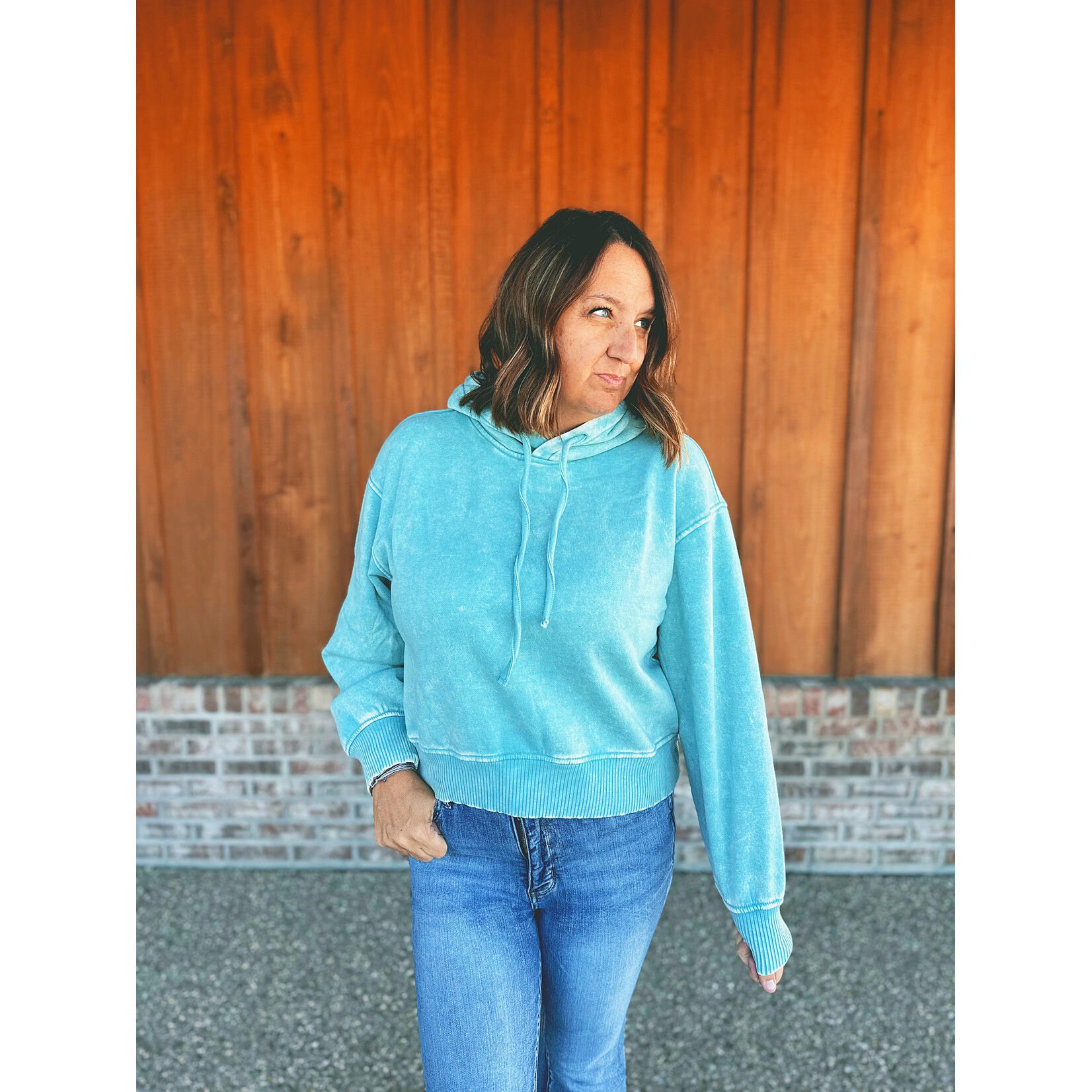 Zenana Zenana Acid Wash Fleece Cropped Hoodie Dusty Teal