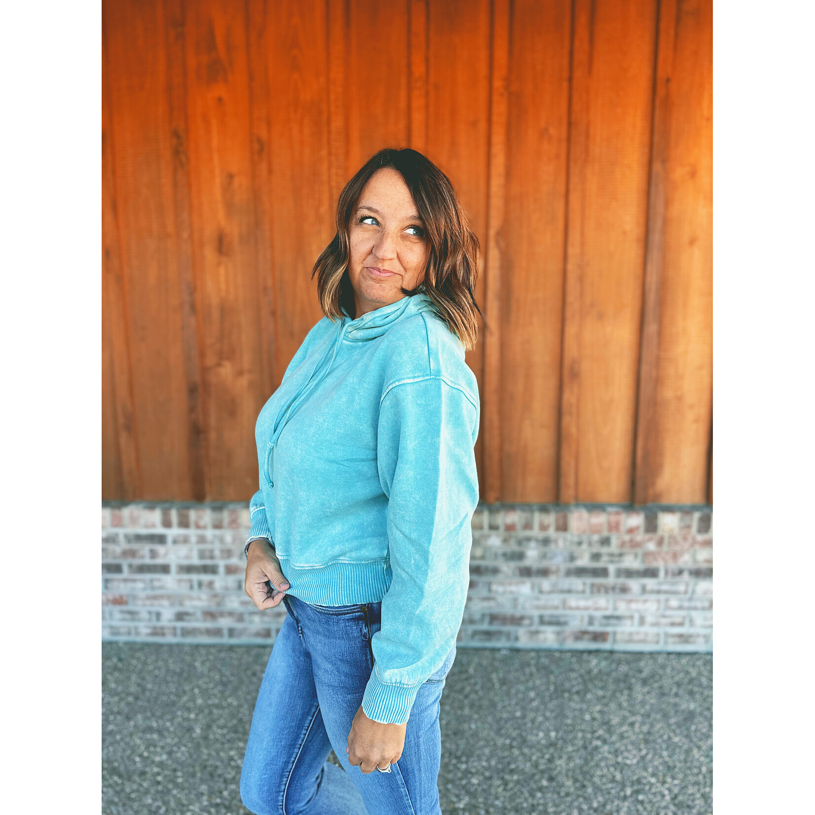 Zenana Zenana Acid Wash Fleece Cropped Hoodie Dusty Teal