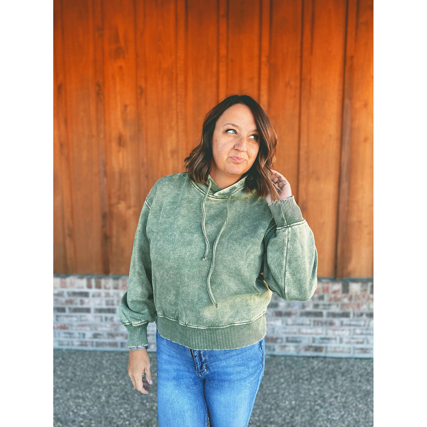 Zenana Zenana Acid Wash Fleece Cropped Hoodie Lt Olive