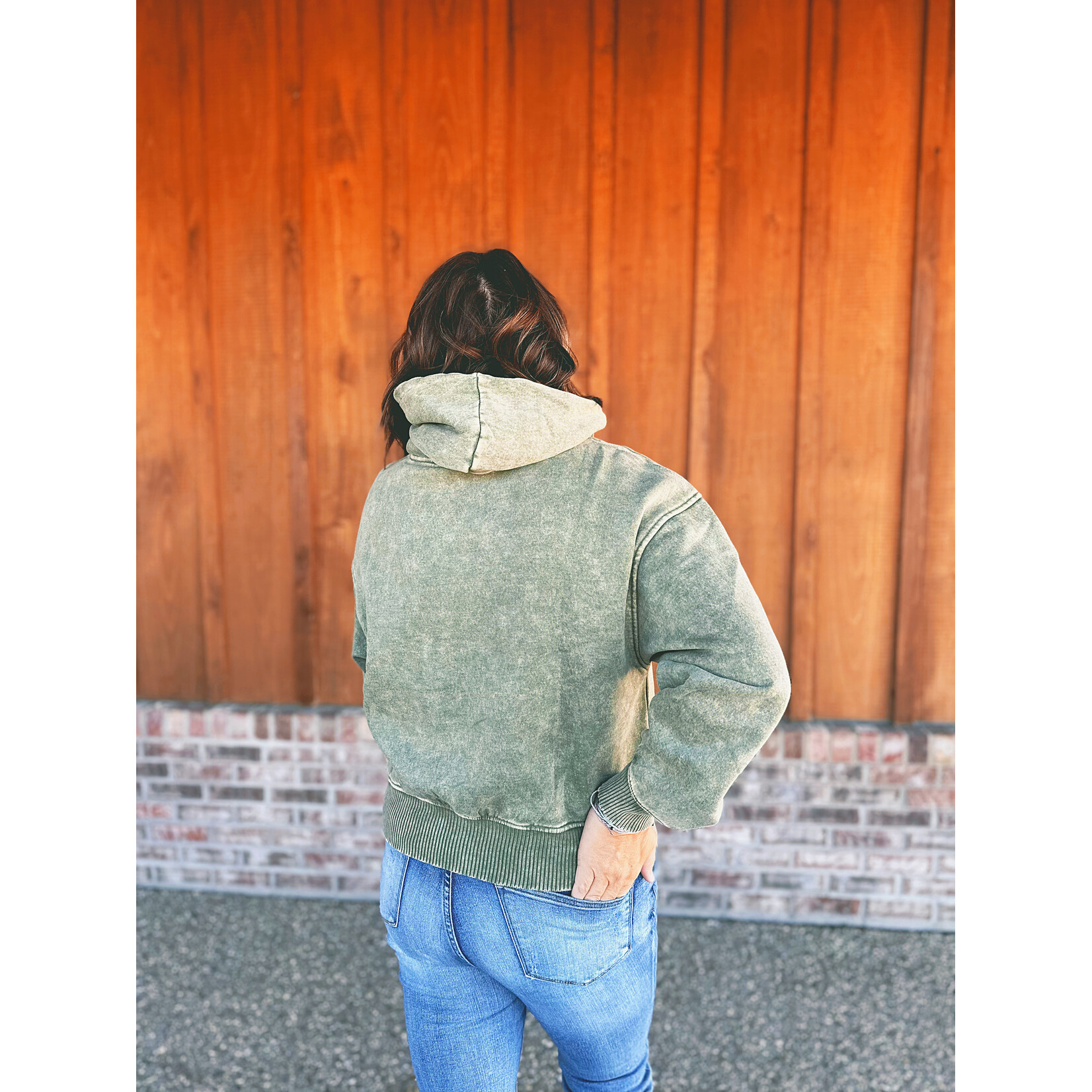 Zenana Zenana Acid Wash Fleece Cropped Hoodie Lt Olive