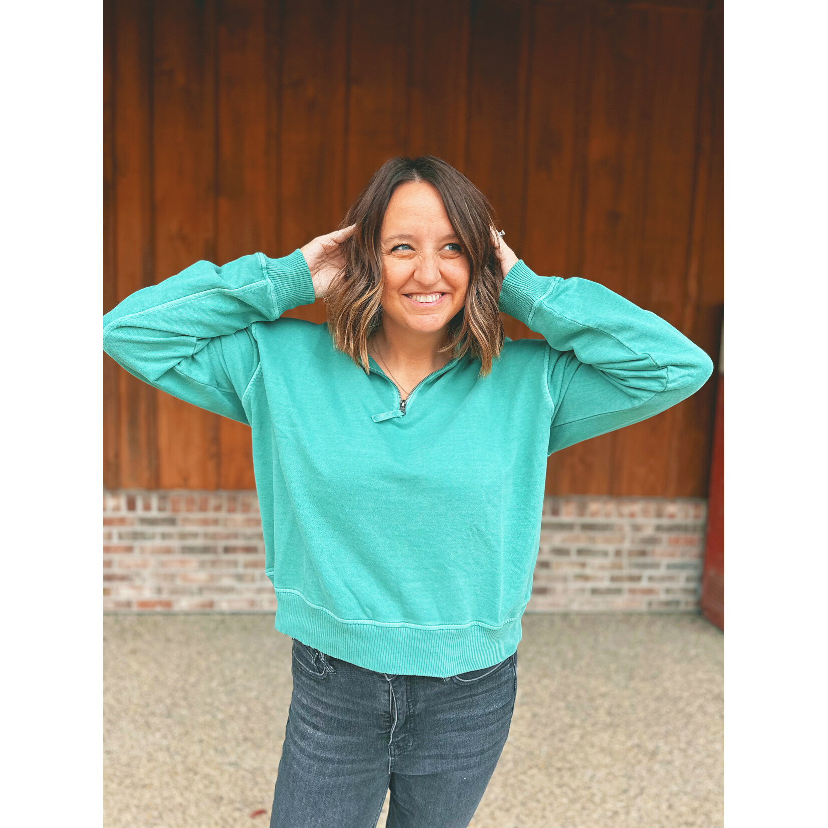 Zenana Zenana Pigment Dyed Enzyme Washed Half Zip Pullover DK Green