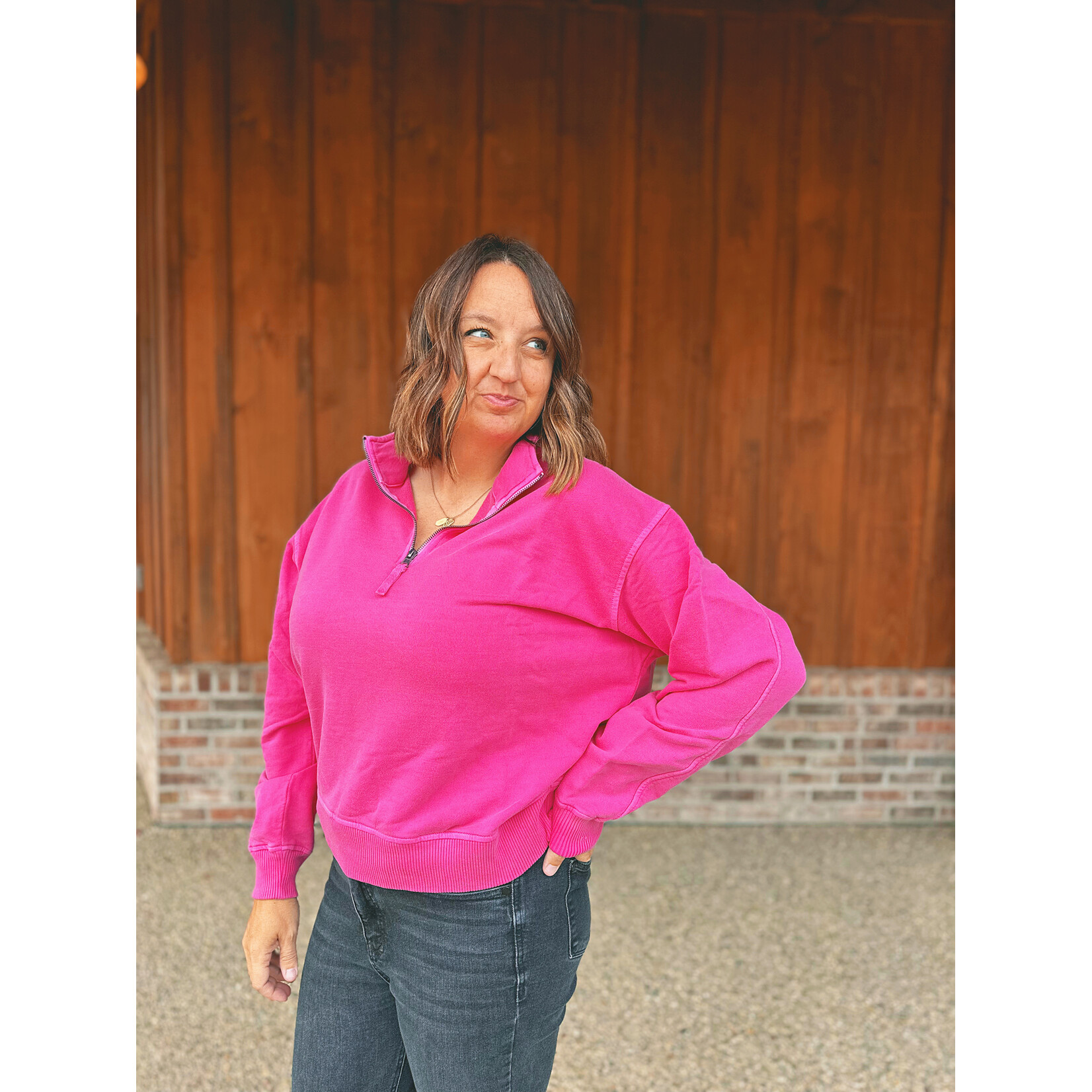 Zenana Zenana Pigment Dyed Enzyme Washed Half Zip Pullover Neon Pink