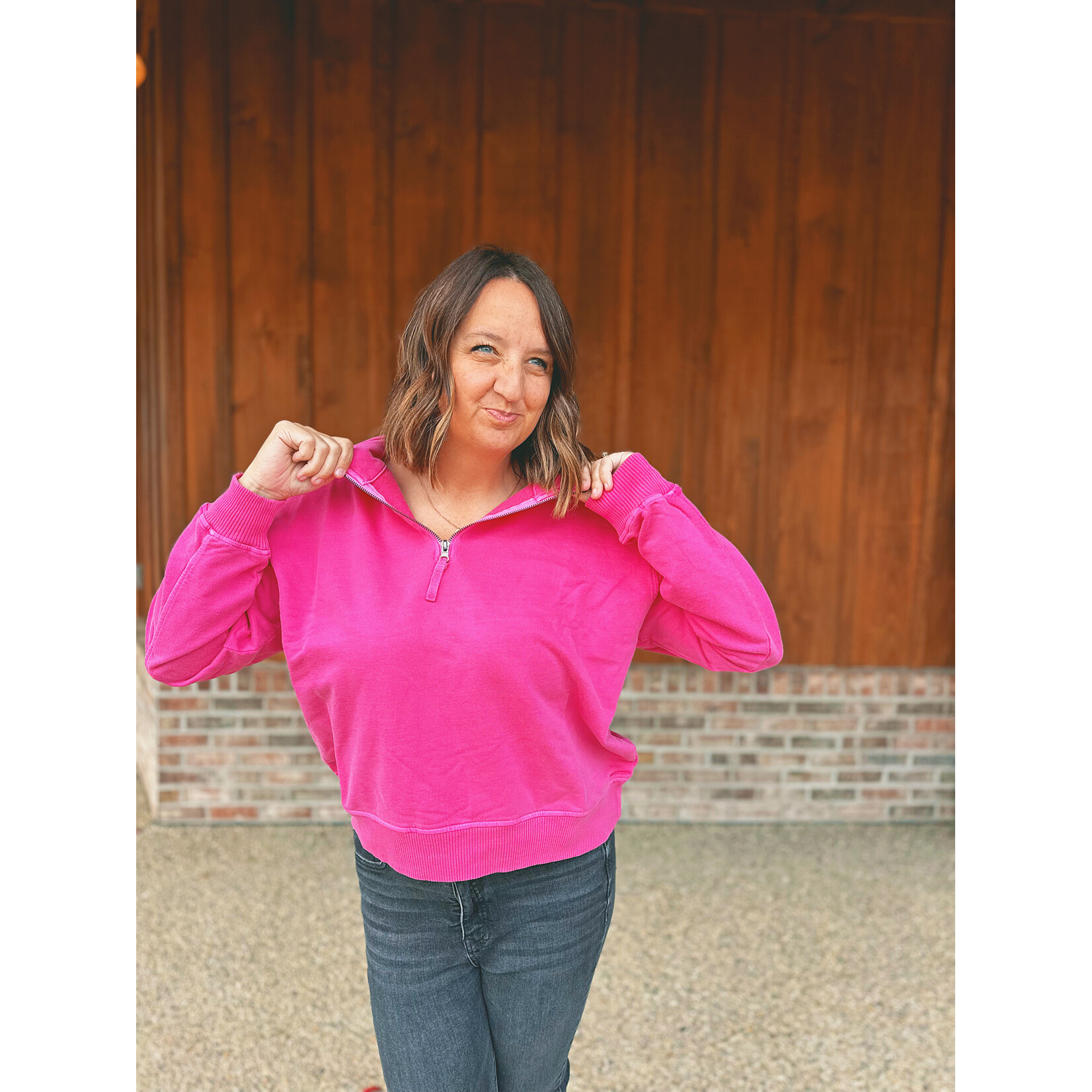 Zenana Zenana Pigment Dyed Enzyme Washed Half Zip Pullover Neon Pink