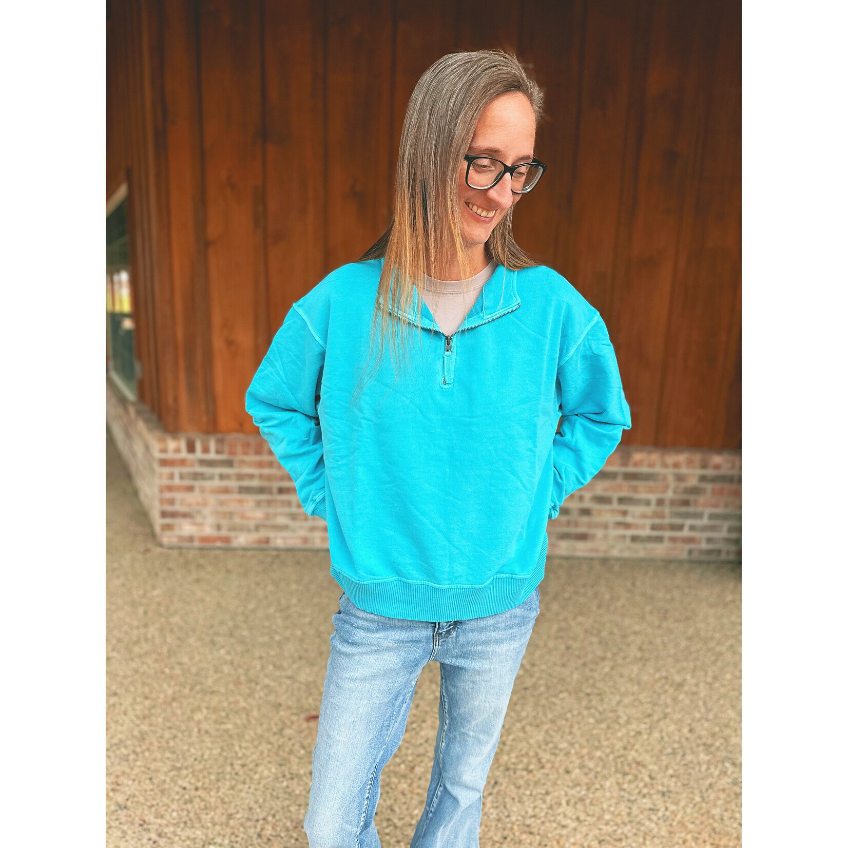 Zenana Zenana Terry Pigment Dyed Enzyme Washed Half Zip Pullover Ice Blue