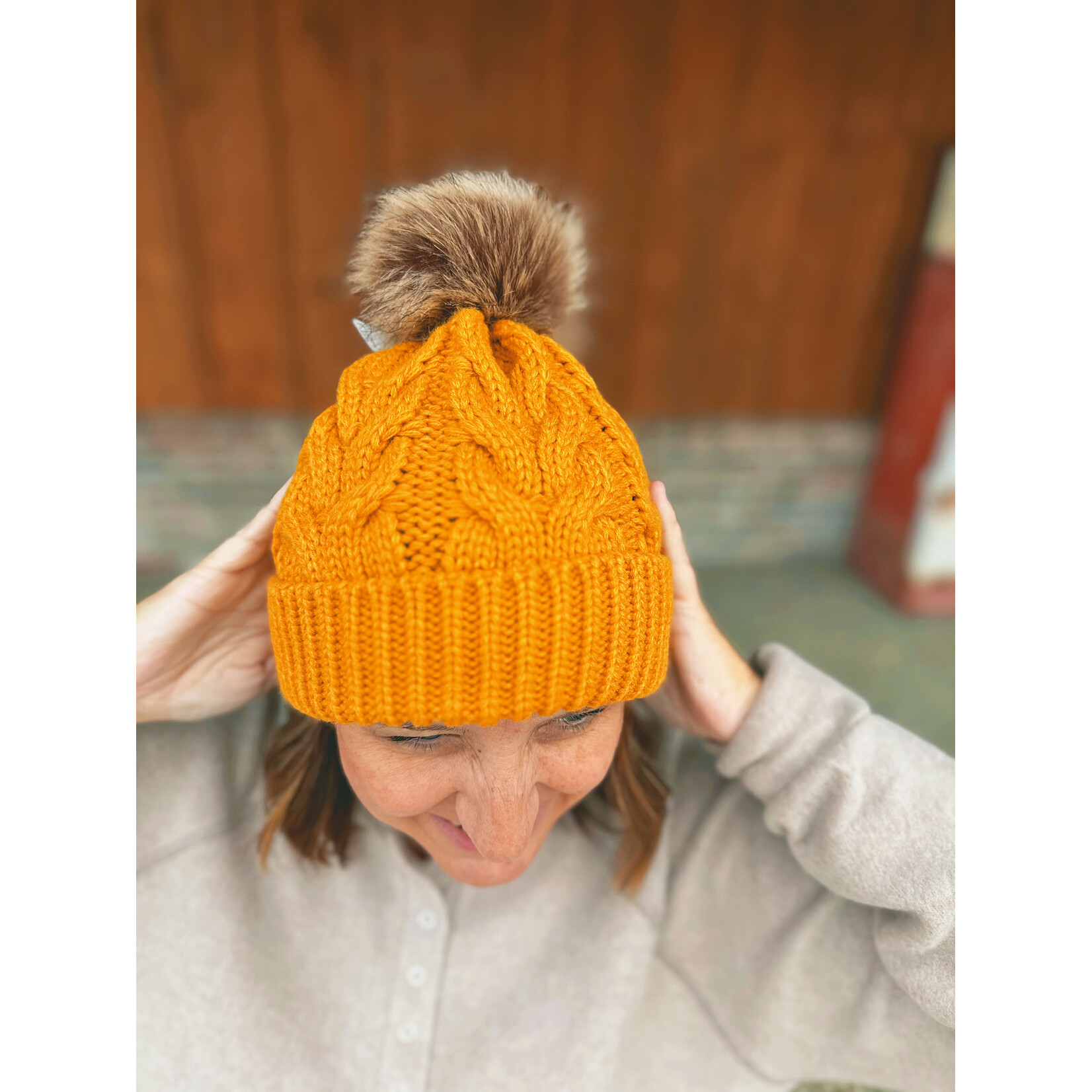 Charlie Paige Charlie Paige Mustard Cable Knit Pom Hat