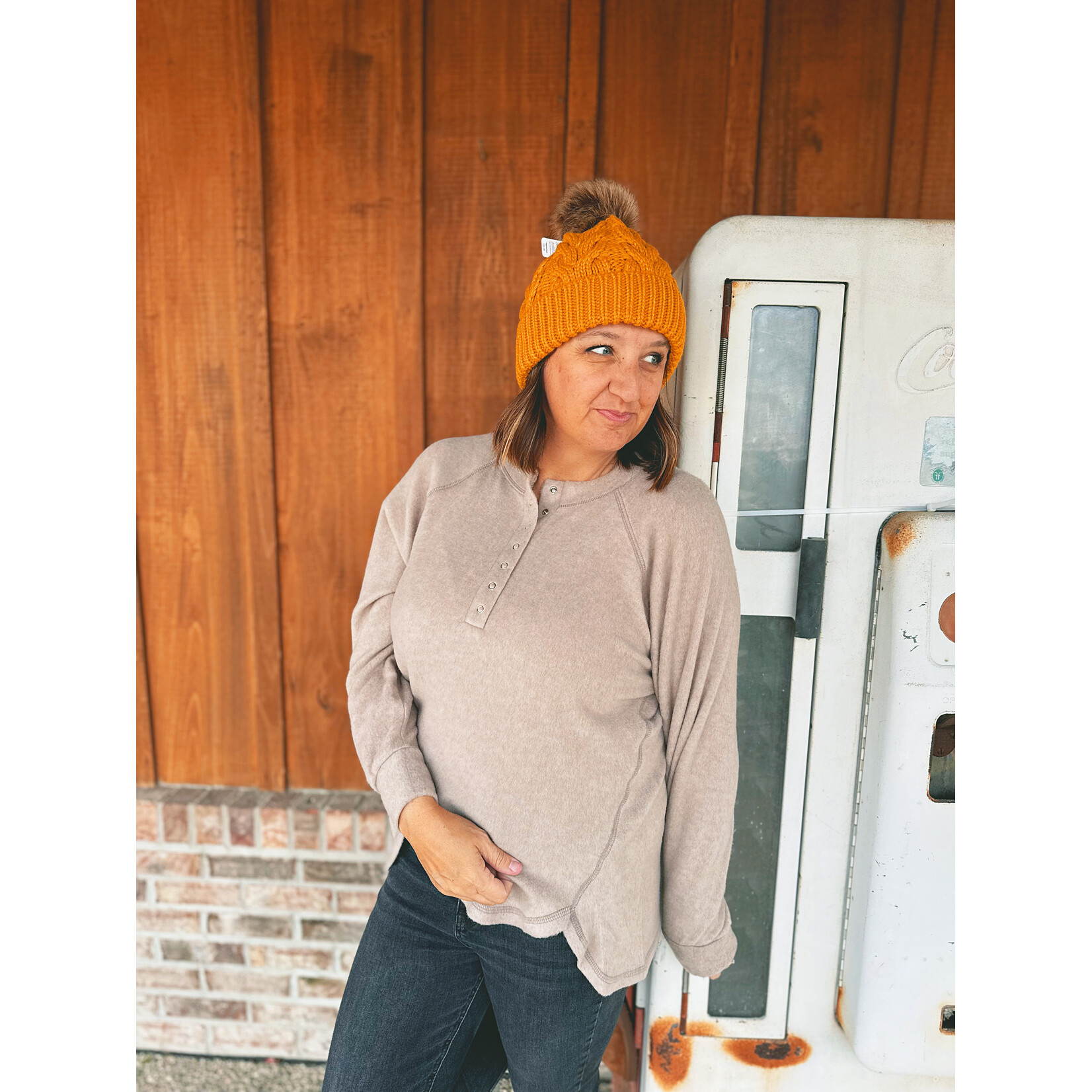 Charlie Paige Charlie Paige Mustard Cable Knit Pom Hat