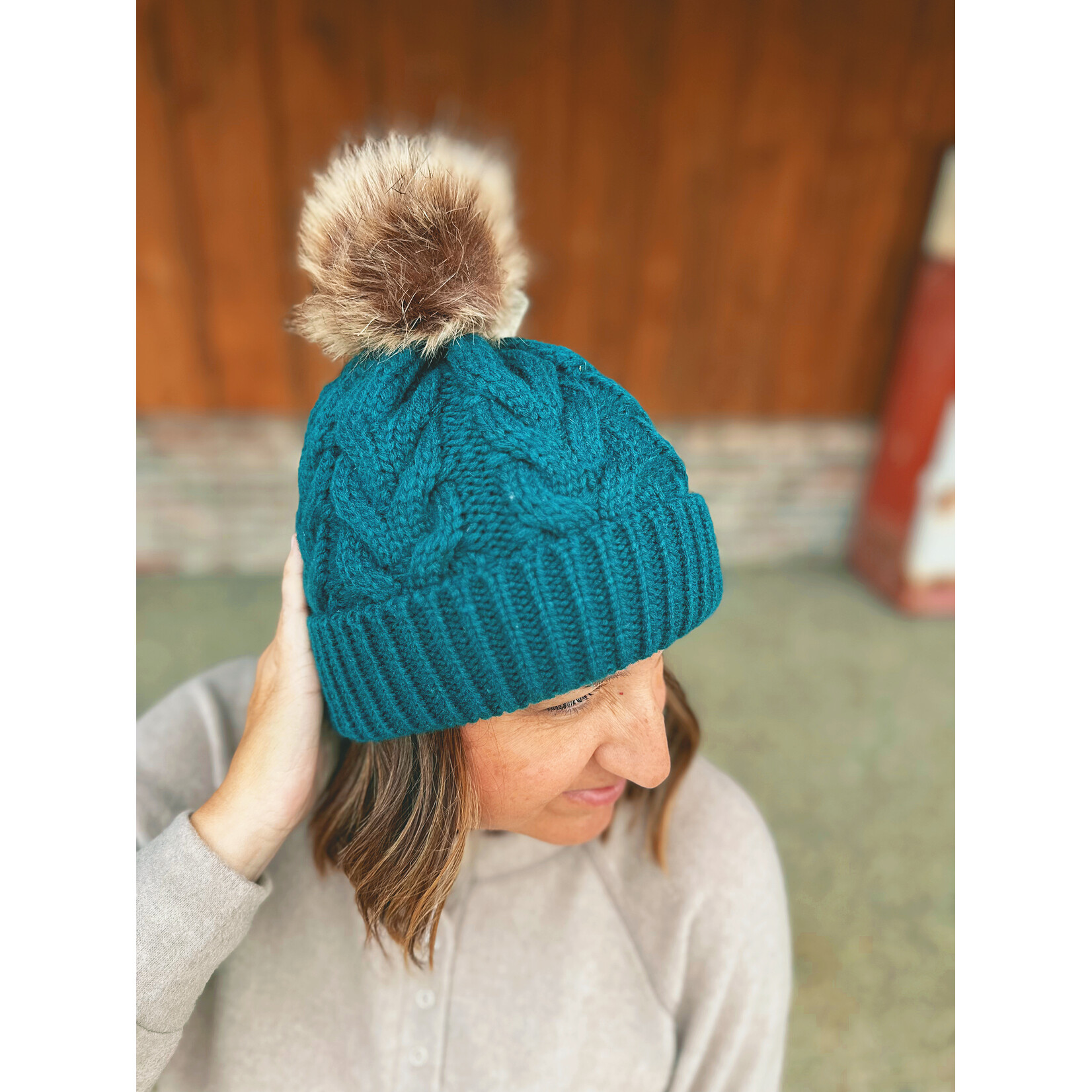 Giftcraft Charlie Paige Green Cable Knit Pom Hat