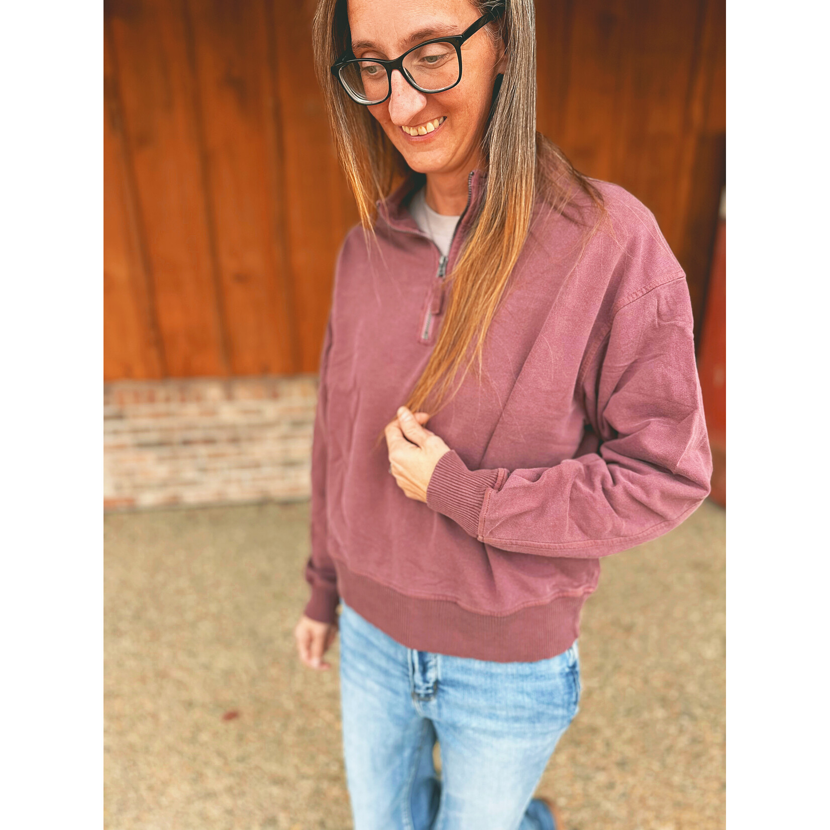 Zenana Zenana Pigment Dyed Enzyme Washed Half Zip Pullover Eggplant