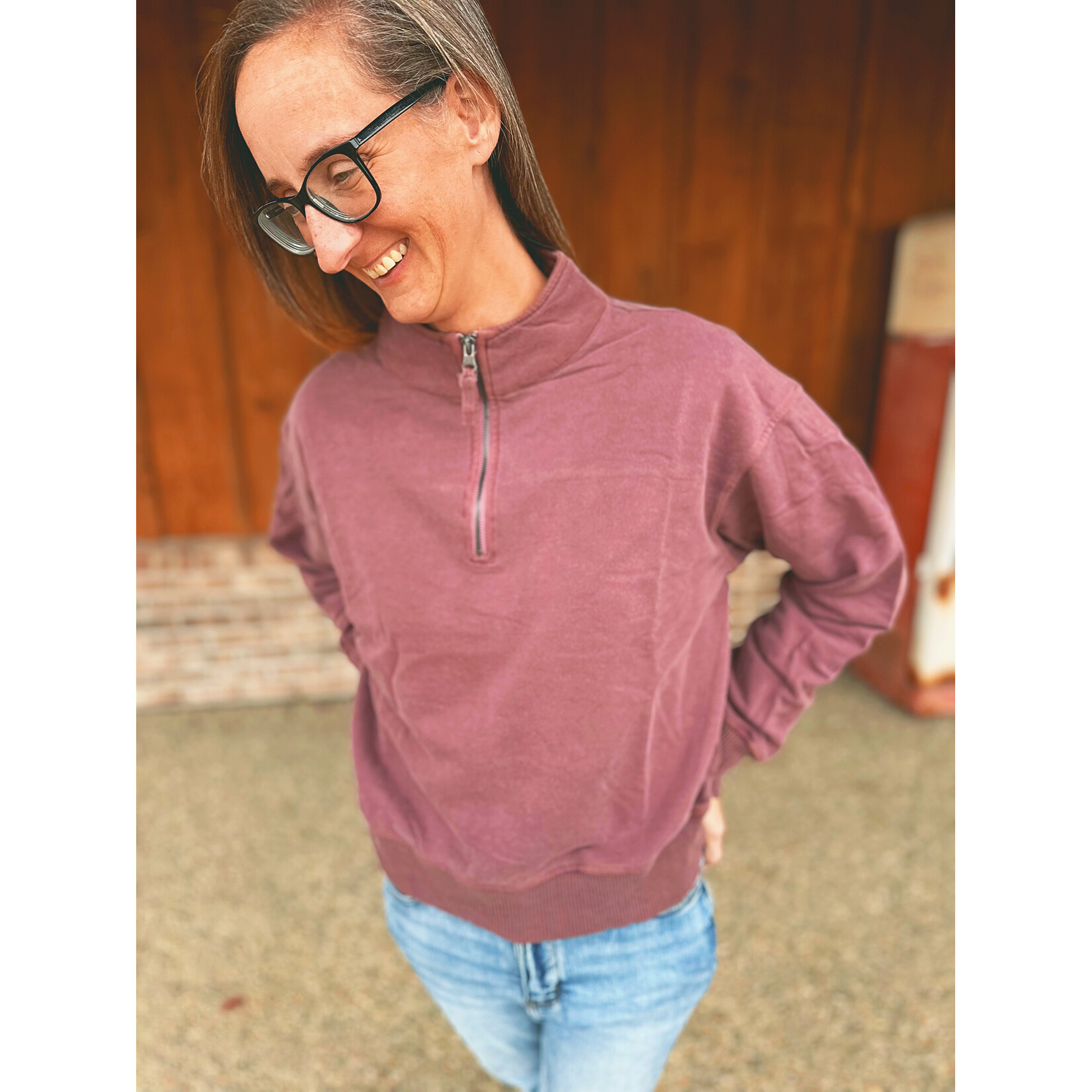 Zenana Zenana Pigment Dyed Enzyme Washed Half Zip Pullover Eggplant