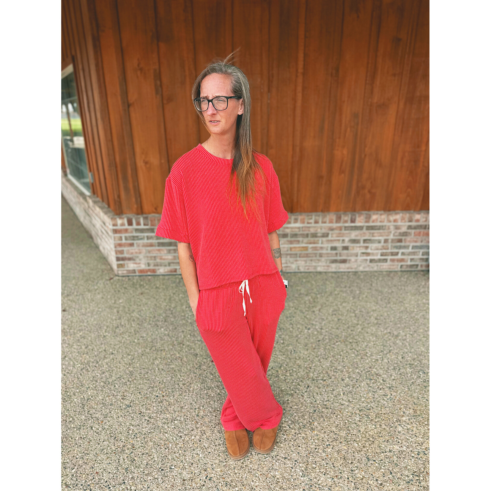 Zenana Zenana Ribbed Short Sleeve Tee & Pant Set Ruby