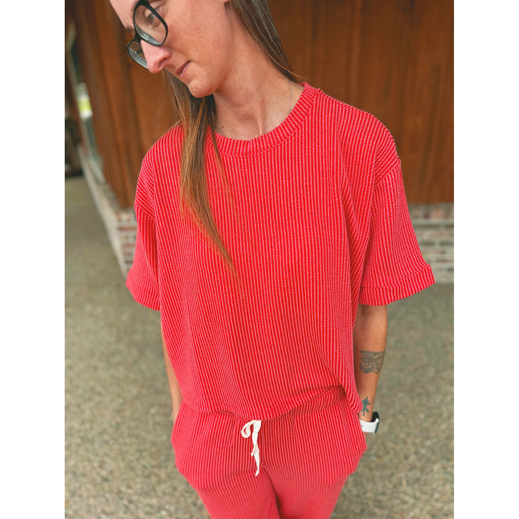 Zenana Zenana Ribbed Short Sleeve Tee & Pant Set Ruby