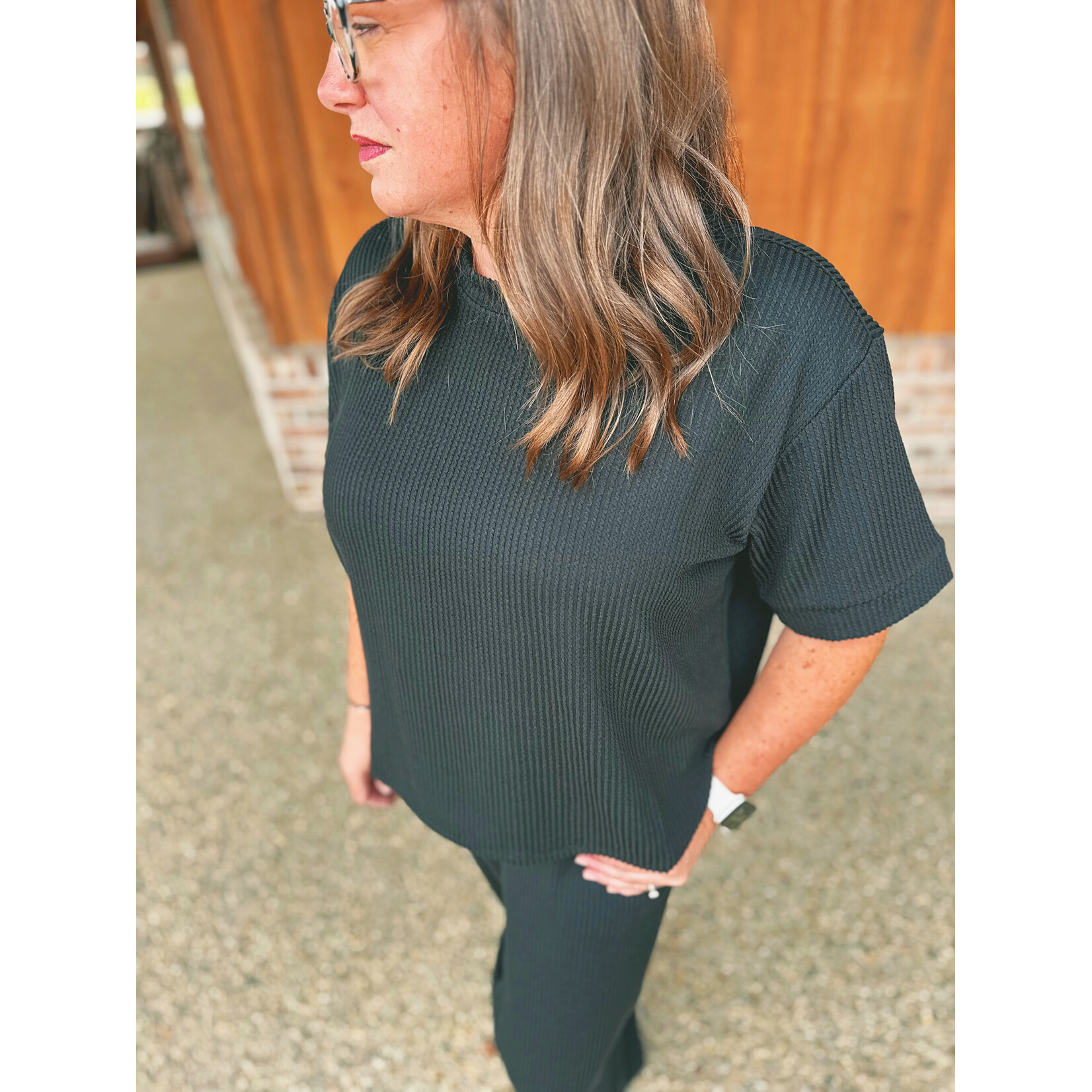 Zenana Zenana Ribbed Short Sleeve Tee & Pant Set Black