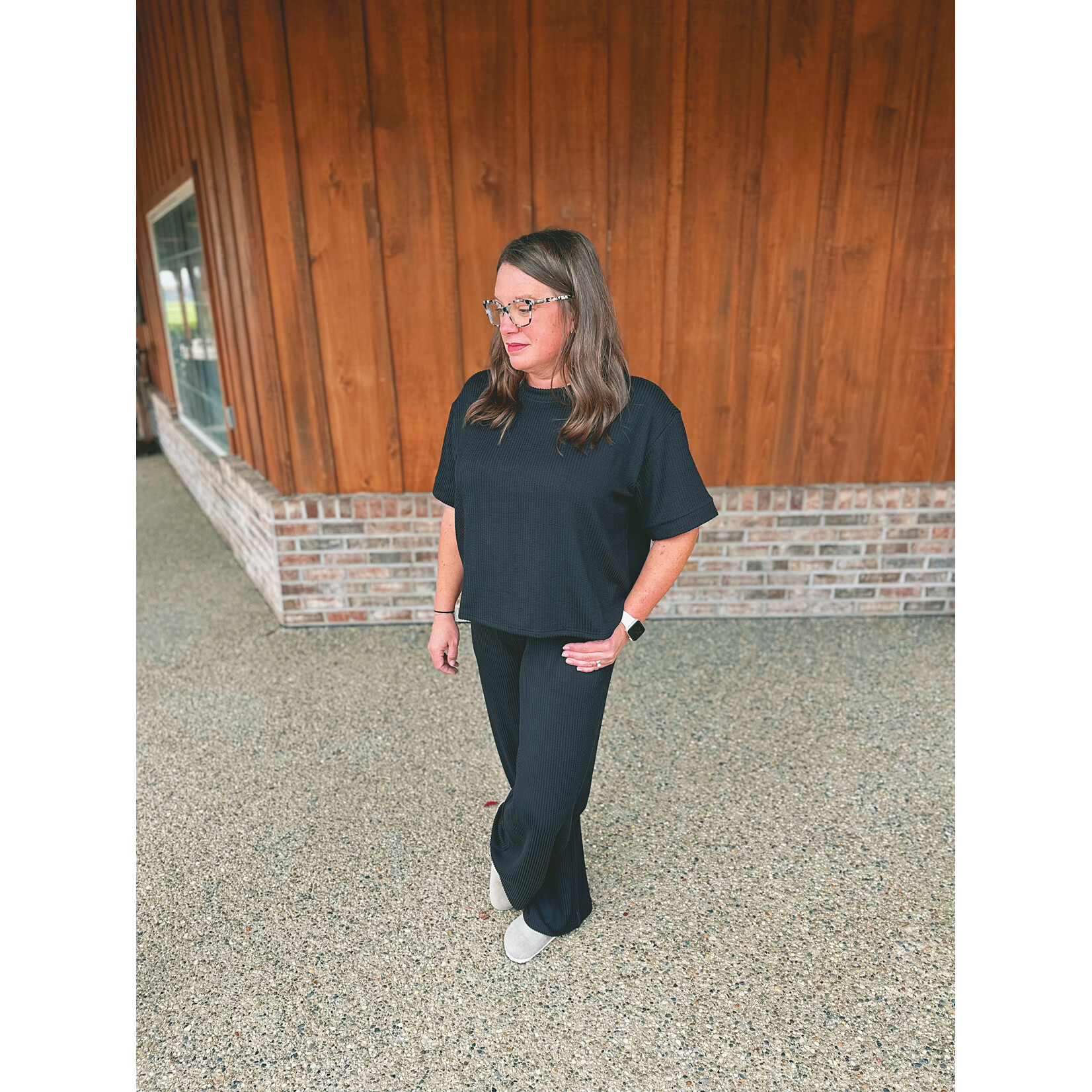 Zenana Zenana Ribbed Short Sleeve Tee & Pant Set Black