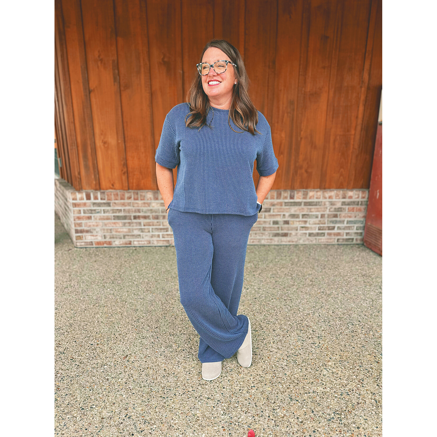 Zenana Zenana Ribbed Short Sleeve Tee & Pant Set Navy