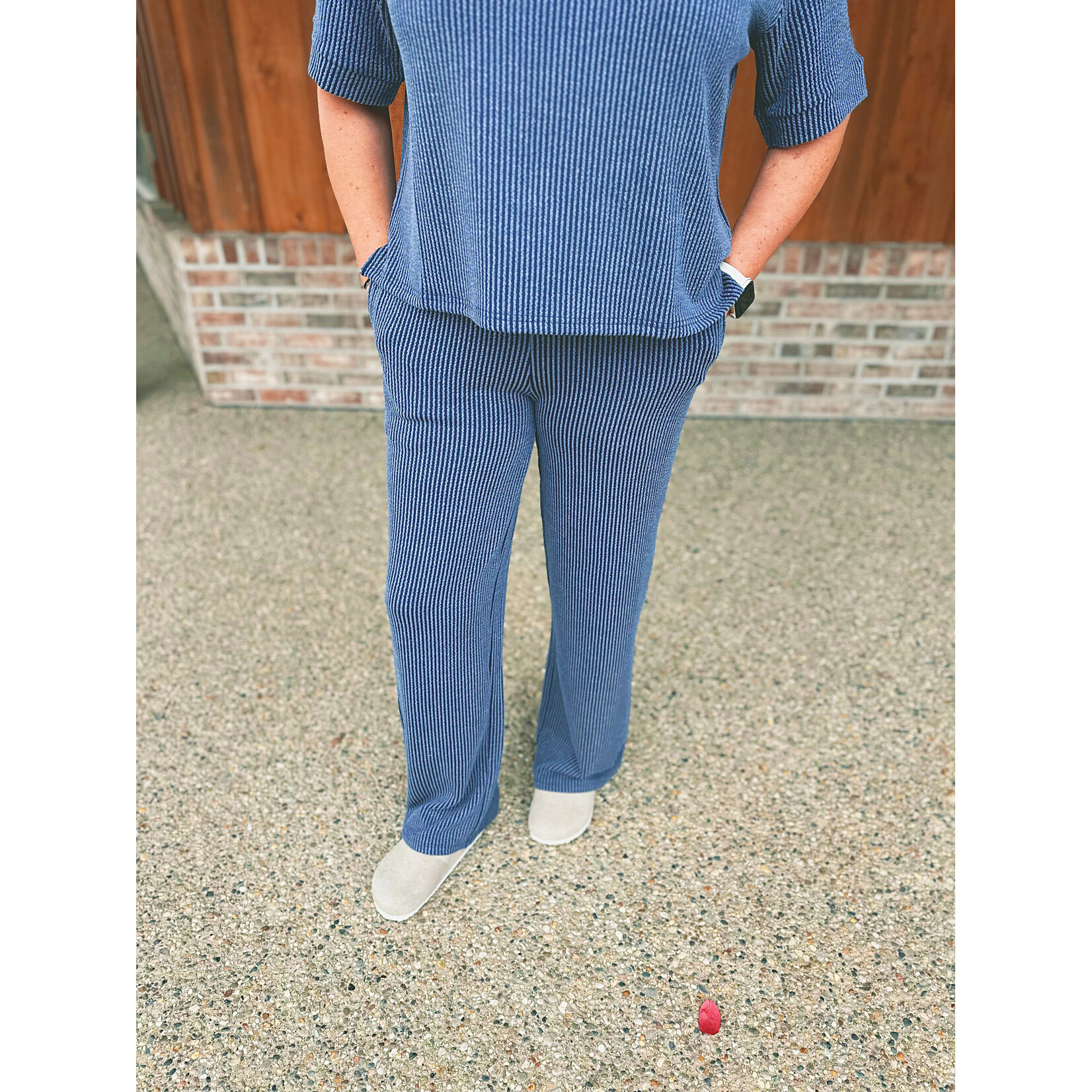 Zenana Zenana Ribbed Short Sleeve Tee & Pant Set Navy