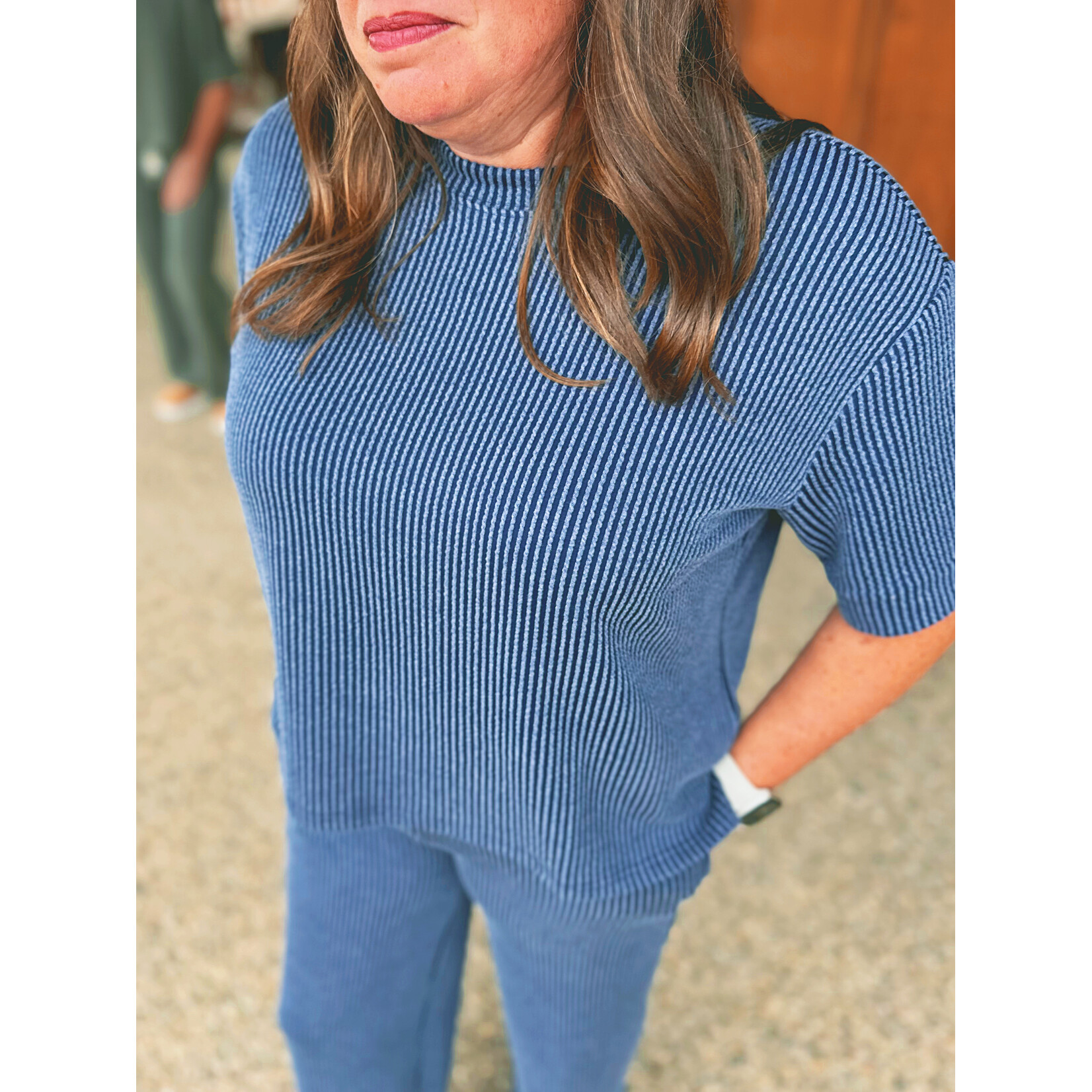 Zenana Zenana Ribbed Short Sleeve Tee & Pant Set Navy