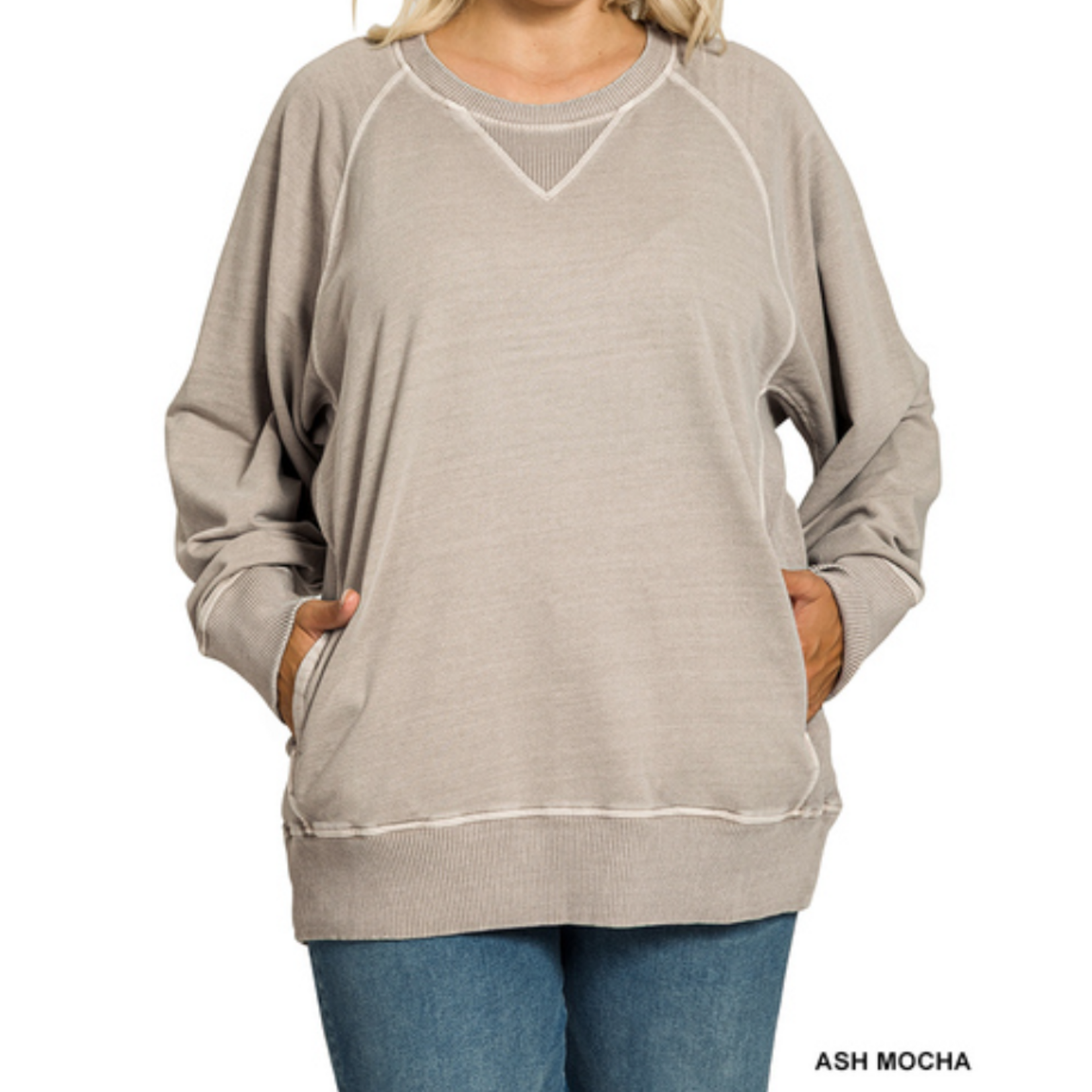 Zenana Zenana Pigment Dyed French Terry Pullover with Pockets Ash Mocha