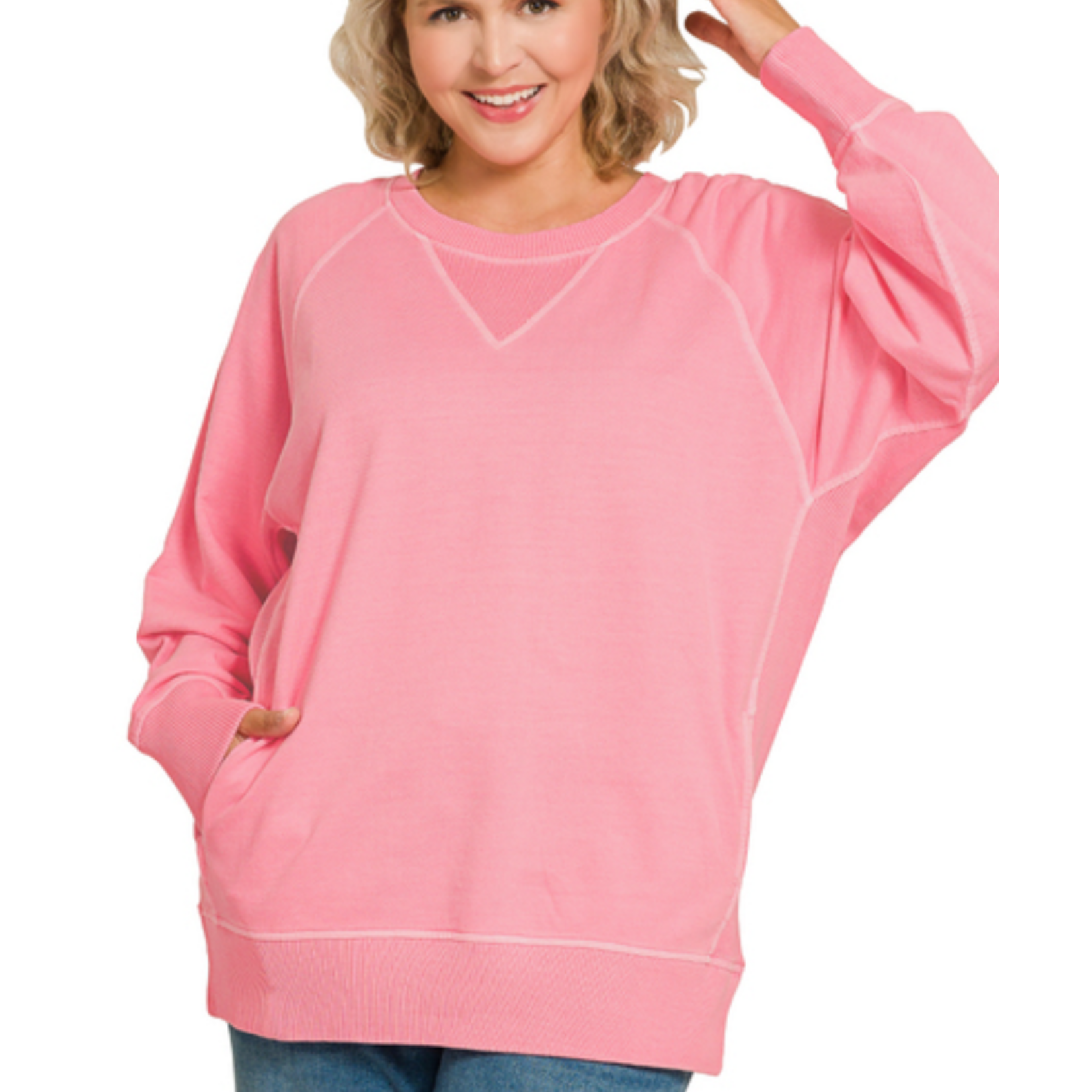 Zenana Zenana Pigment Dyed French Terry Pullover with Pockets Candy Pink