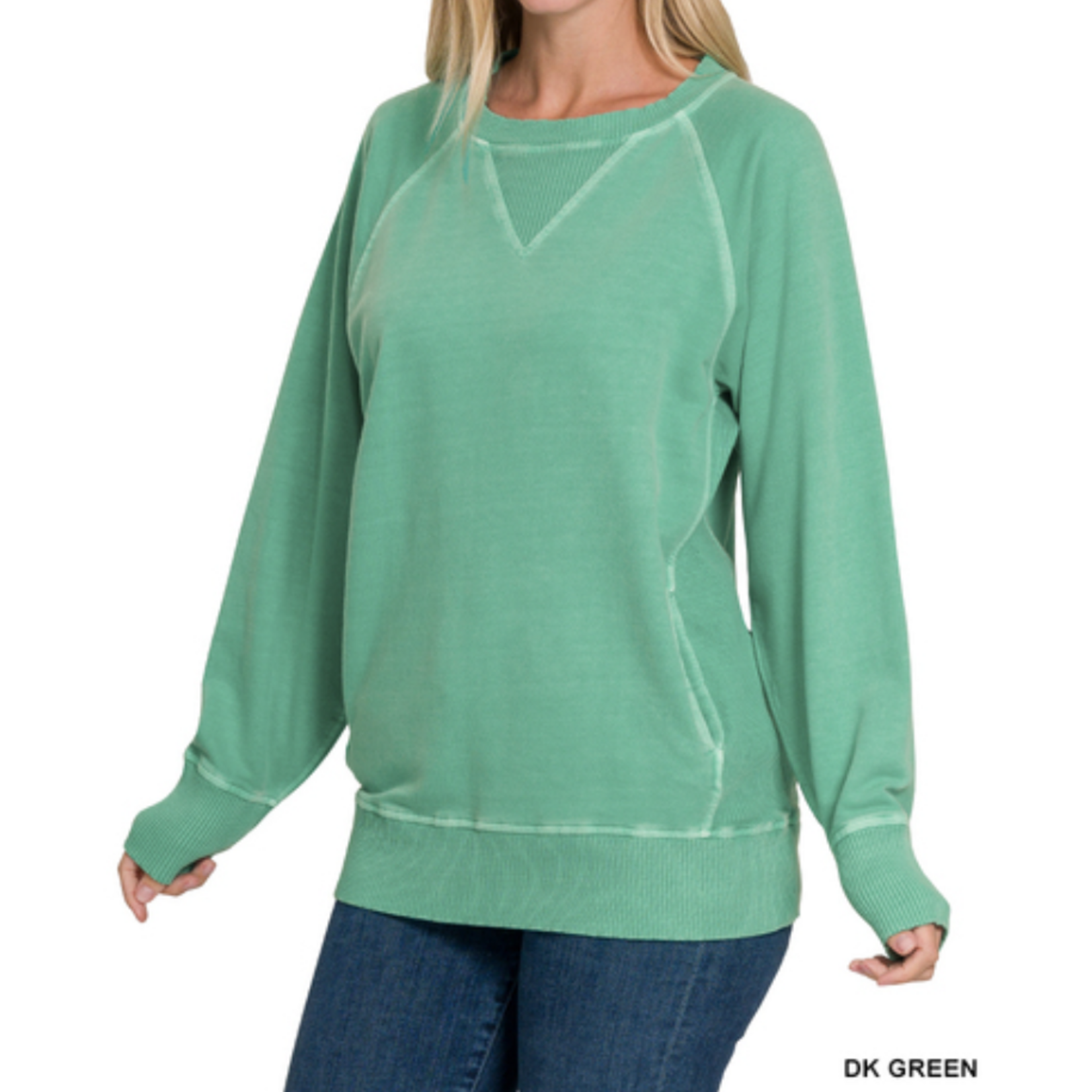 Zenana Zenana Pigment Dyed French Terry Pullover with Pockets Dk Green
