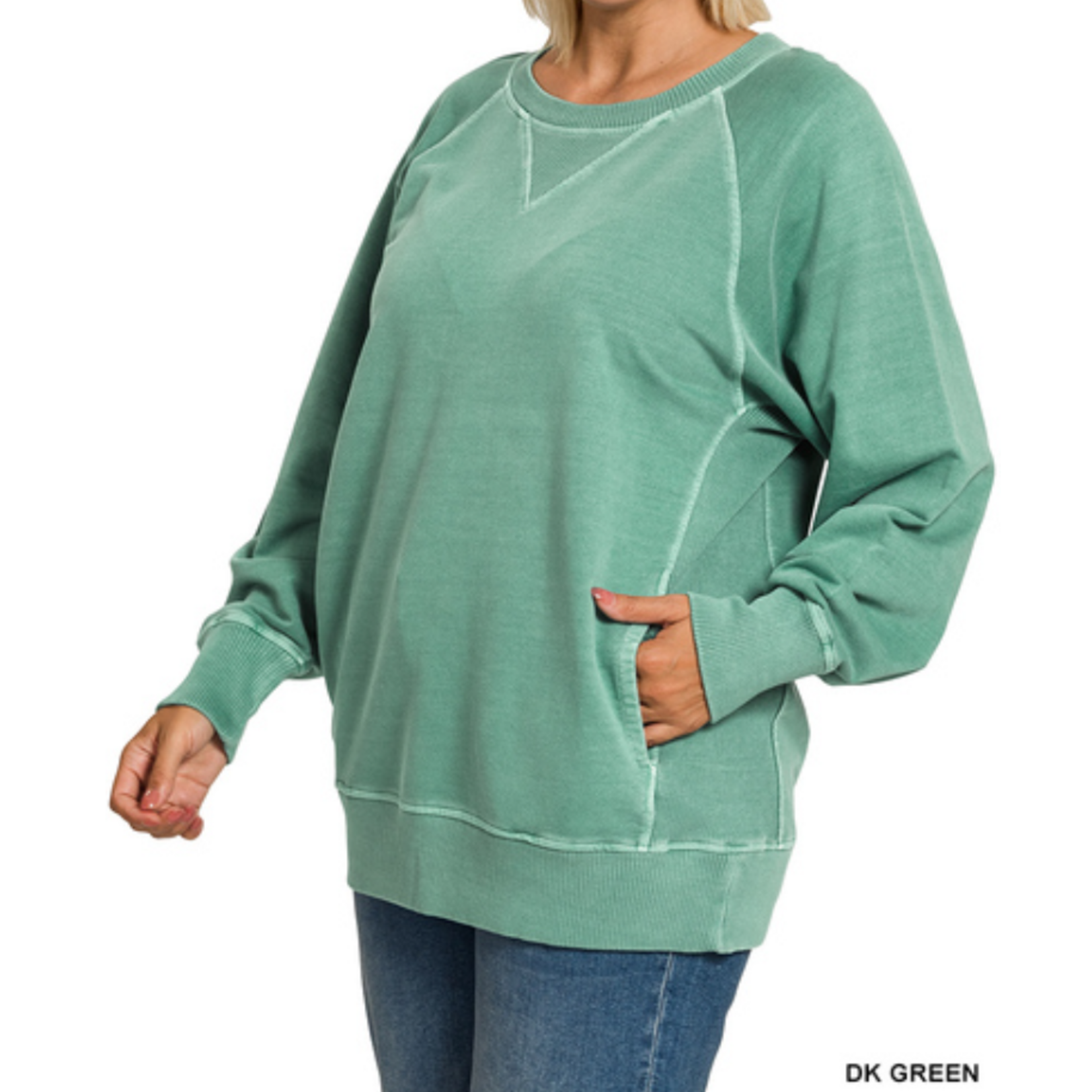 Zenana Zenana Pigment Dyed French Terry Pullover with Pockets Dk Green