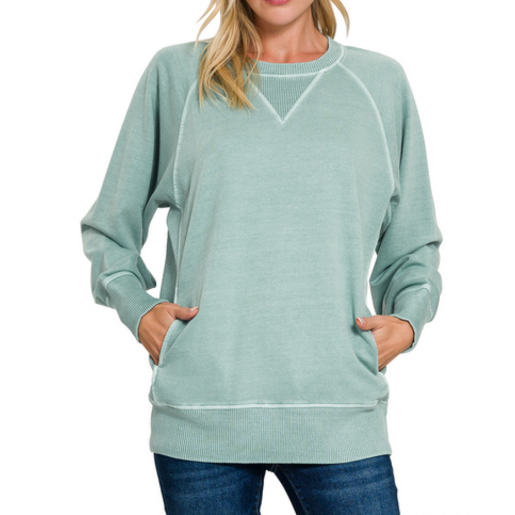 Zenana Zenana Pigment Dyed French Terry Pullover with Pockets Ash Blue