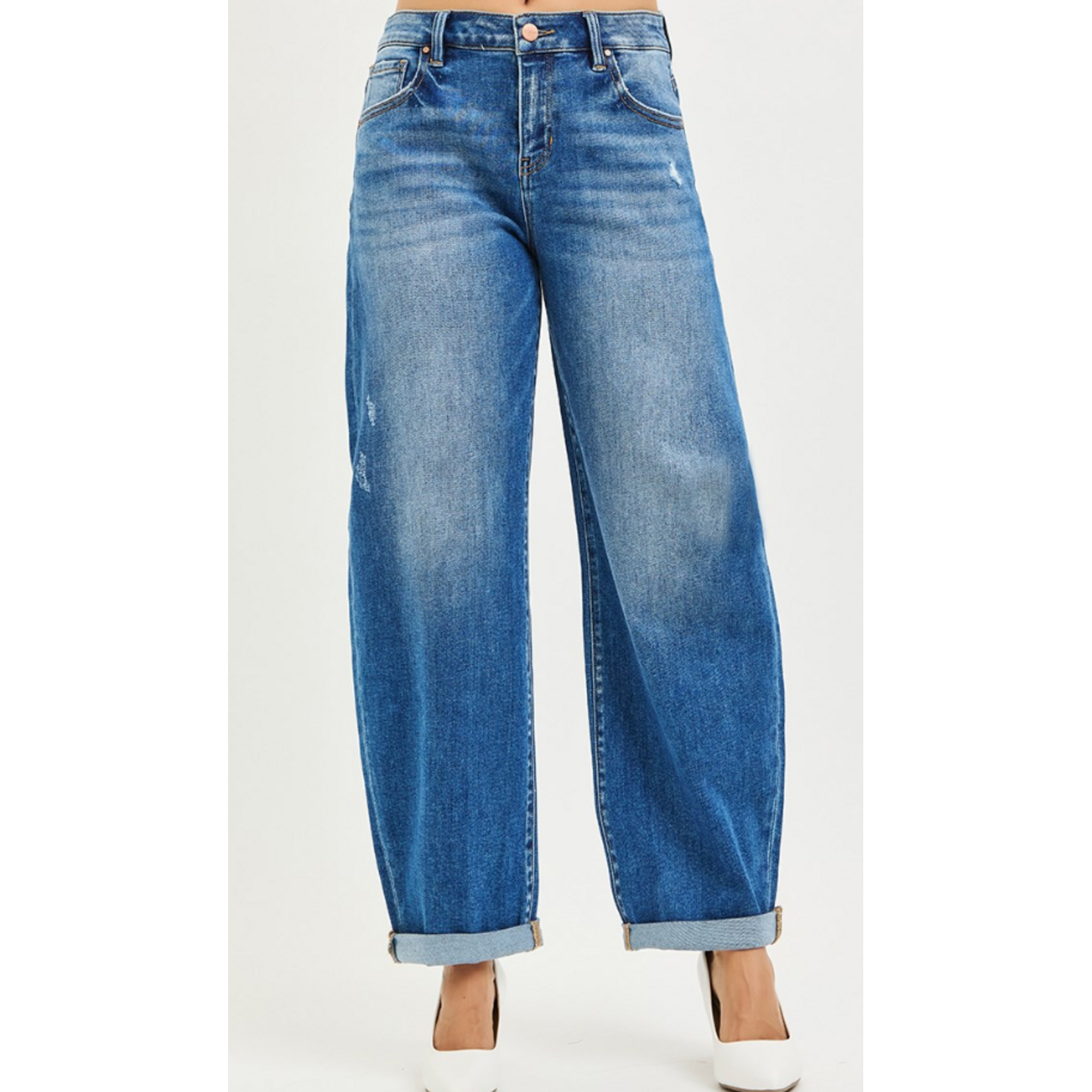 Risen Risen 21138 Mid Rise Barrel Double Roll Up Jeans