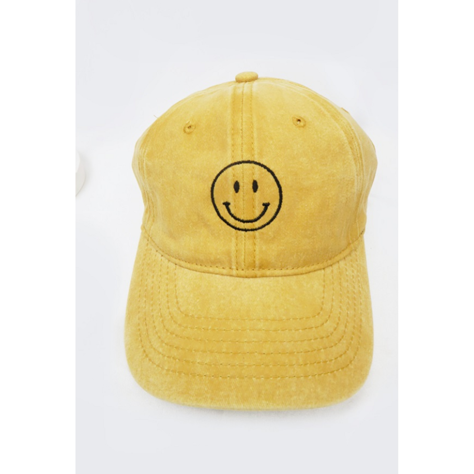 Love and Repeat Love and Repeat Smile Face Embroidered Washed Baseball Cap Mustard