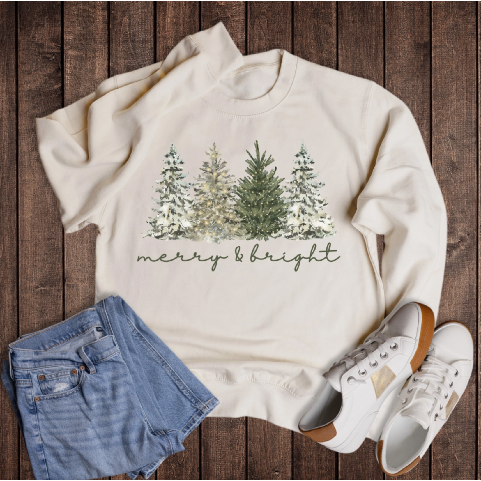 Rebel Rose Rebel Rose Christmas Trees Merry & Bright Crewneck Cream