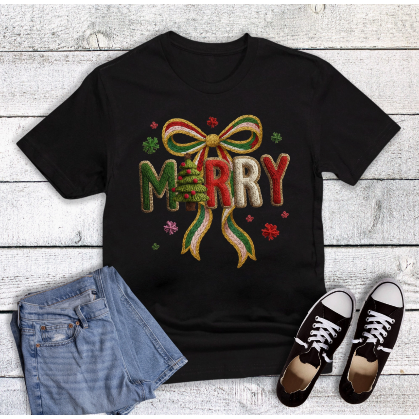 Rebel Rose Rebel Rose Christmas Faux Embroidery Merry Graphic Tee Black