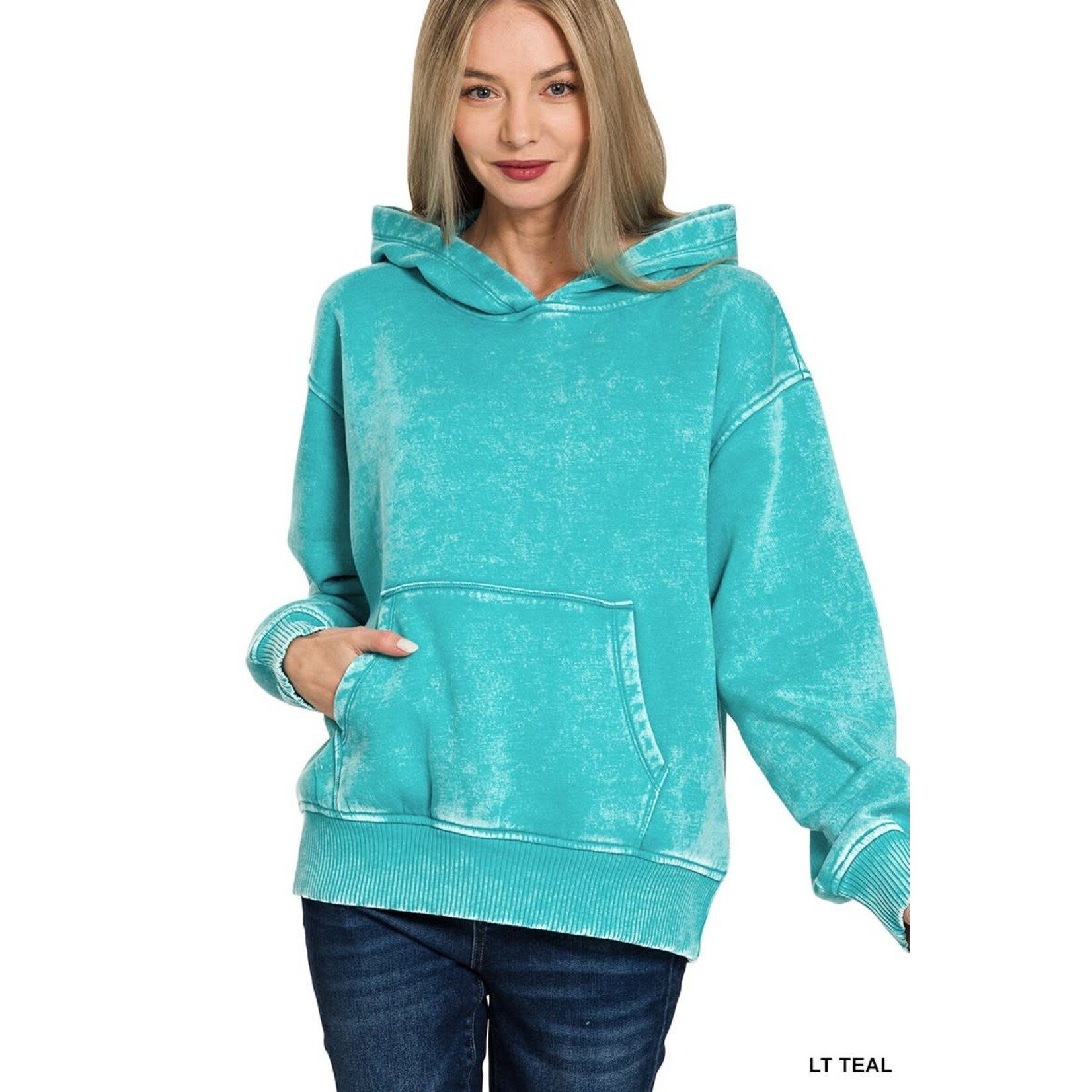 Zenana Zenana Fleece Acid Wash Kangaroo Pocket Hoodie Lt. Teal
