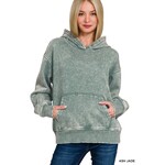 Zenana Zenana Fleece Acid Wash Kangaroo Pocket Hoodie Ash Jade