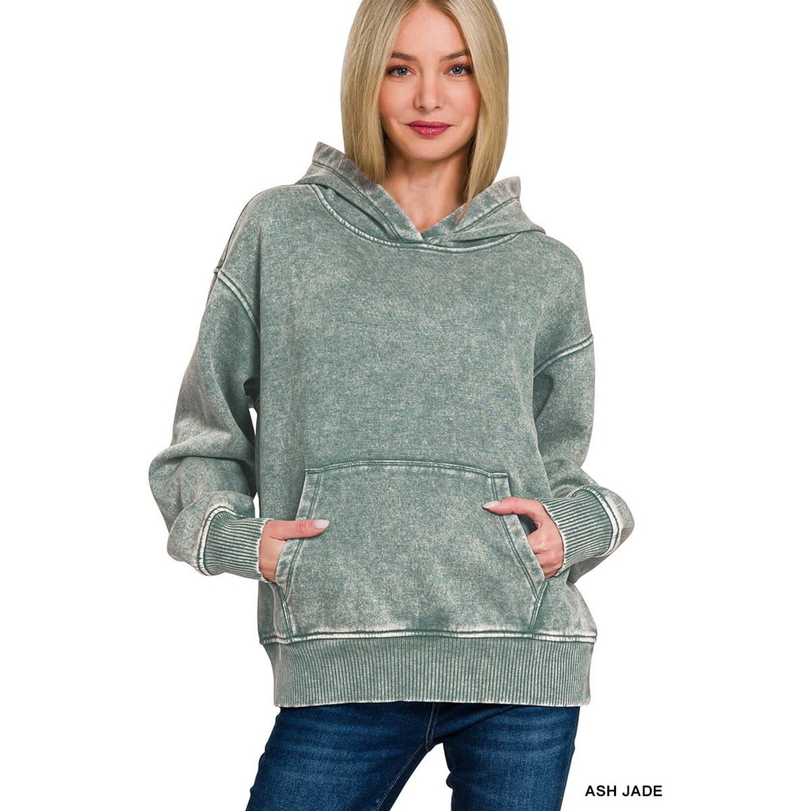Zenana Zenana Fleece Acid Wash Kangaroo Pocket Hoodie Ash Jade