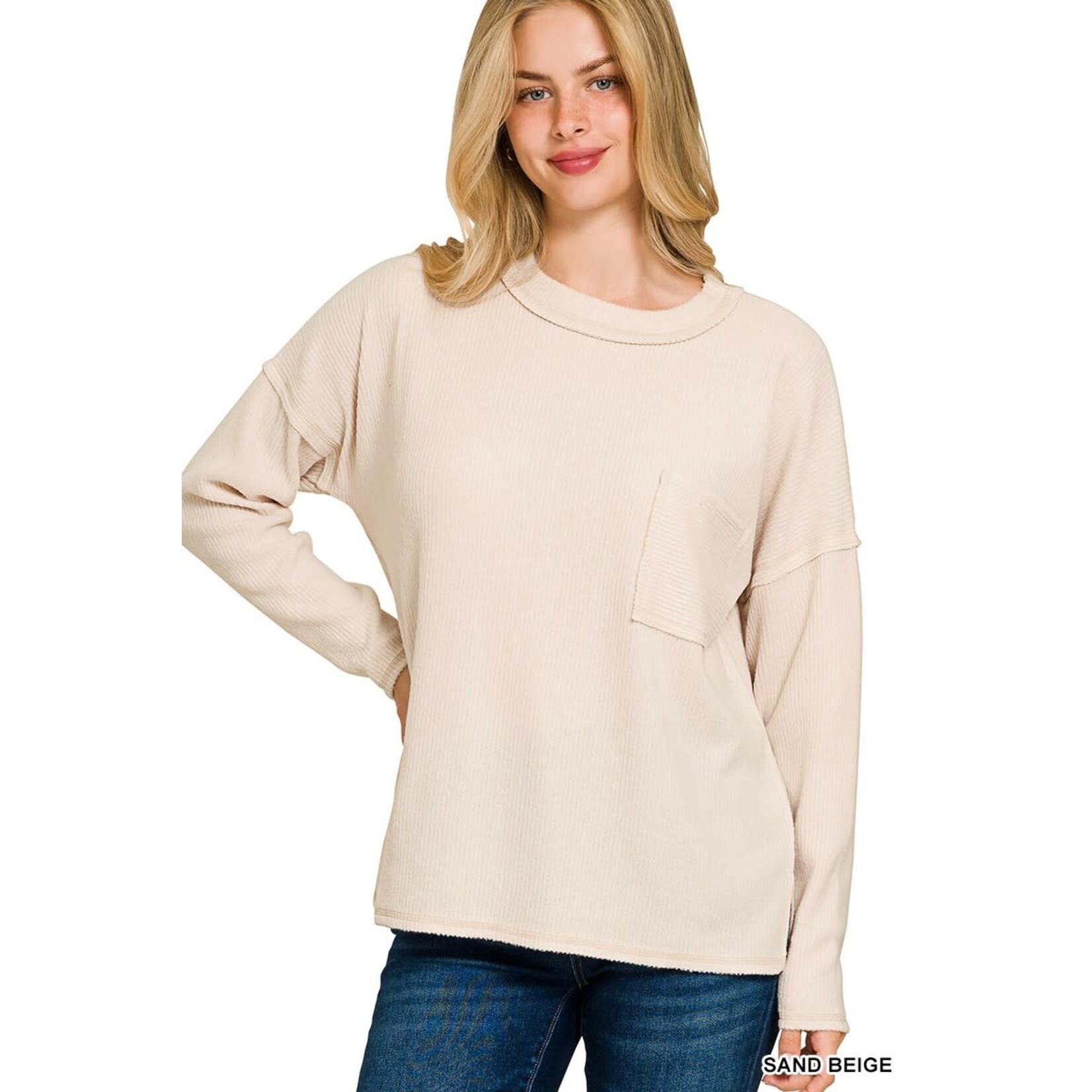 Zenana Zenana Ribbed Brushed Melange Hacci Sweater with Pocket Sand Beige