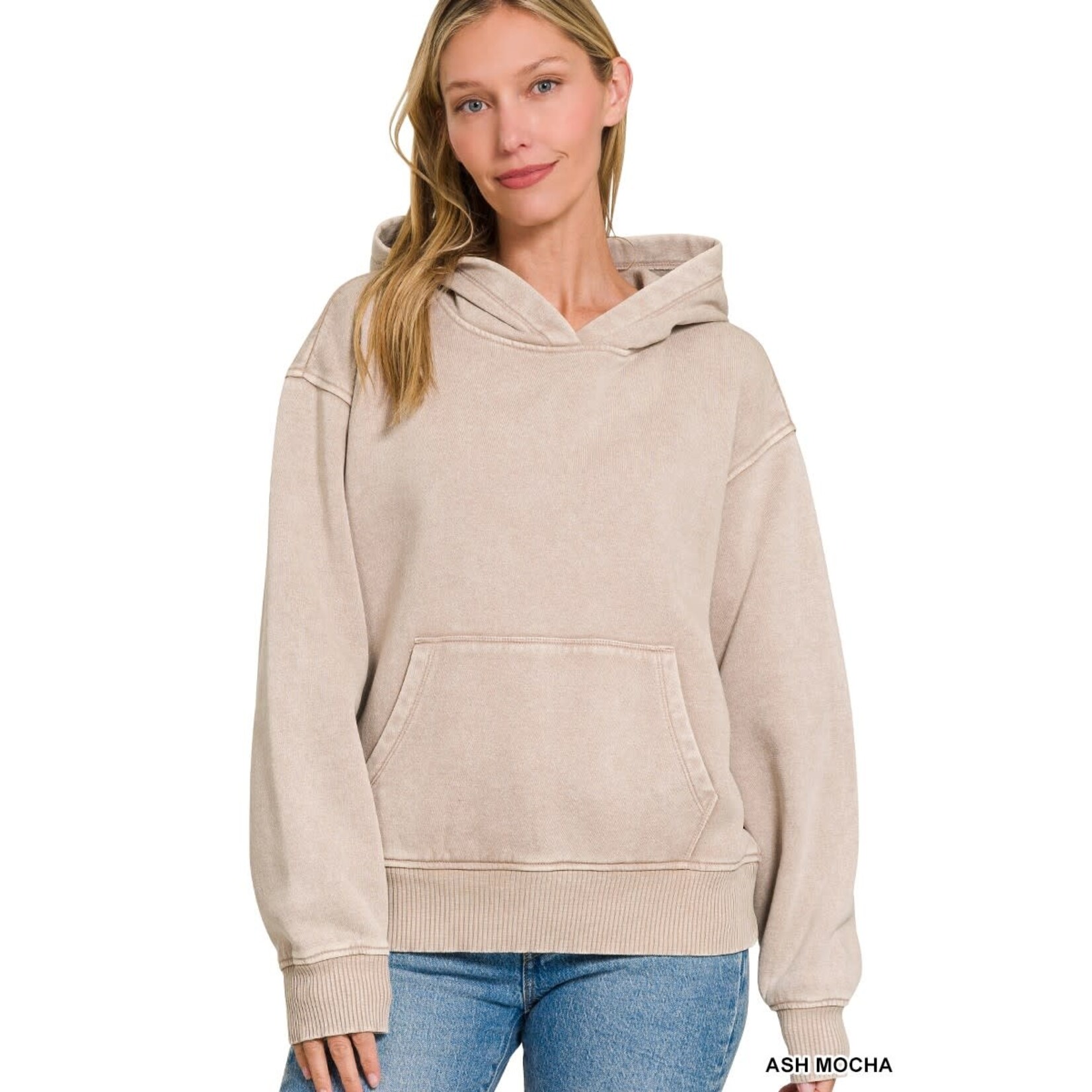 Zenana Zenana Fleece Acid Wash Kangaroo Pocket Hoodie Ash Mocha
