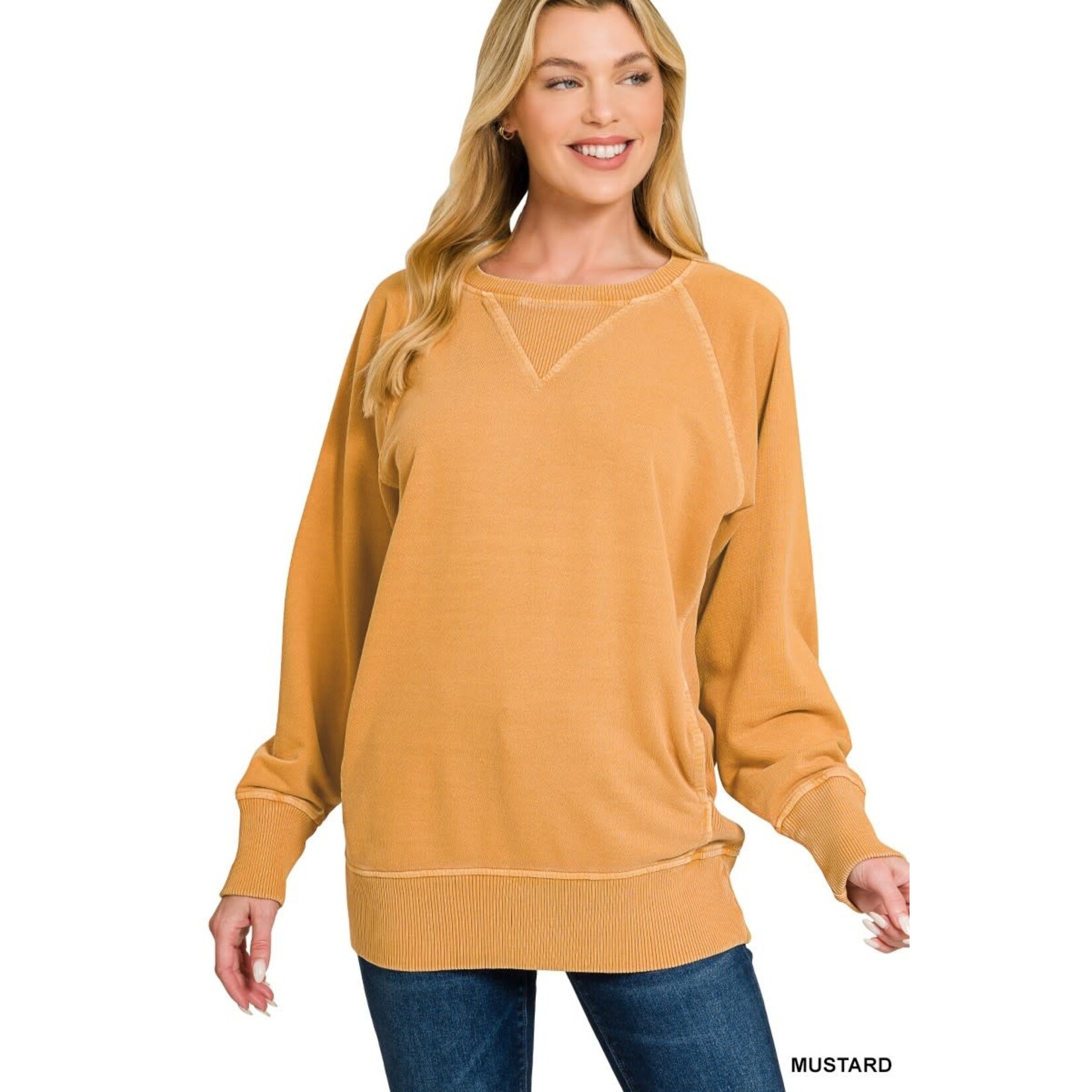 Zenana Zenana Pigment Dyed French Terry Pullover with Pockets Mustard