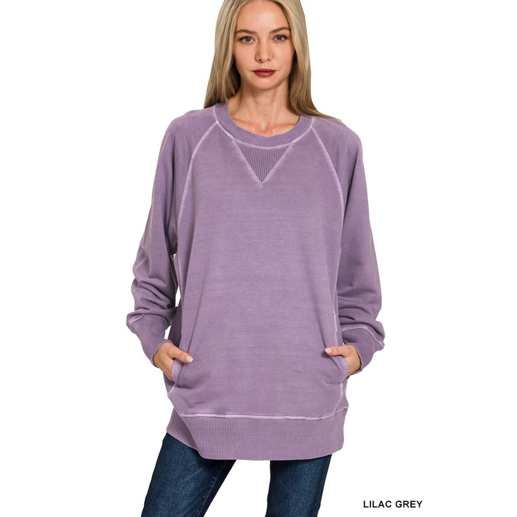 Zenana Zenana Pigment Dyed French Terry Pullover with Pockets Lilac Grey