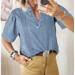 Lovesoft Lovesoft Pintuck Pleats Puff Sleeve V Neck Denim Top