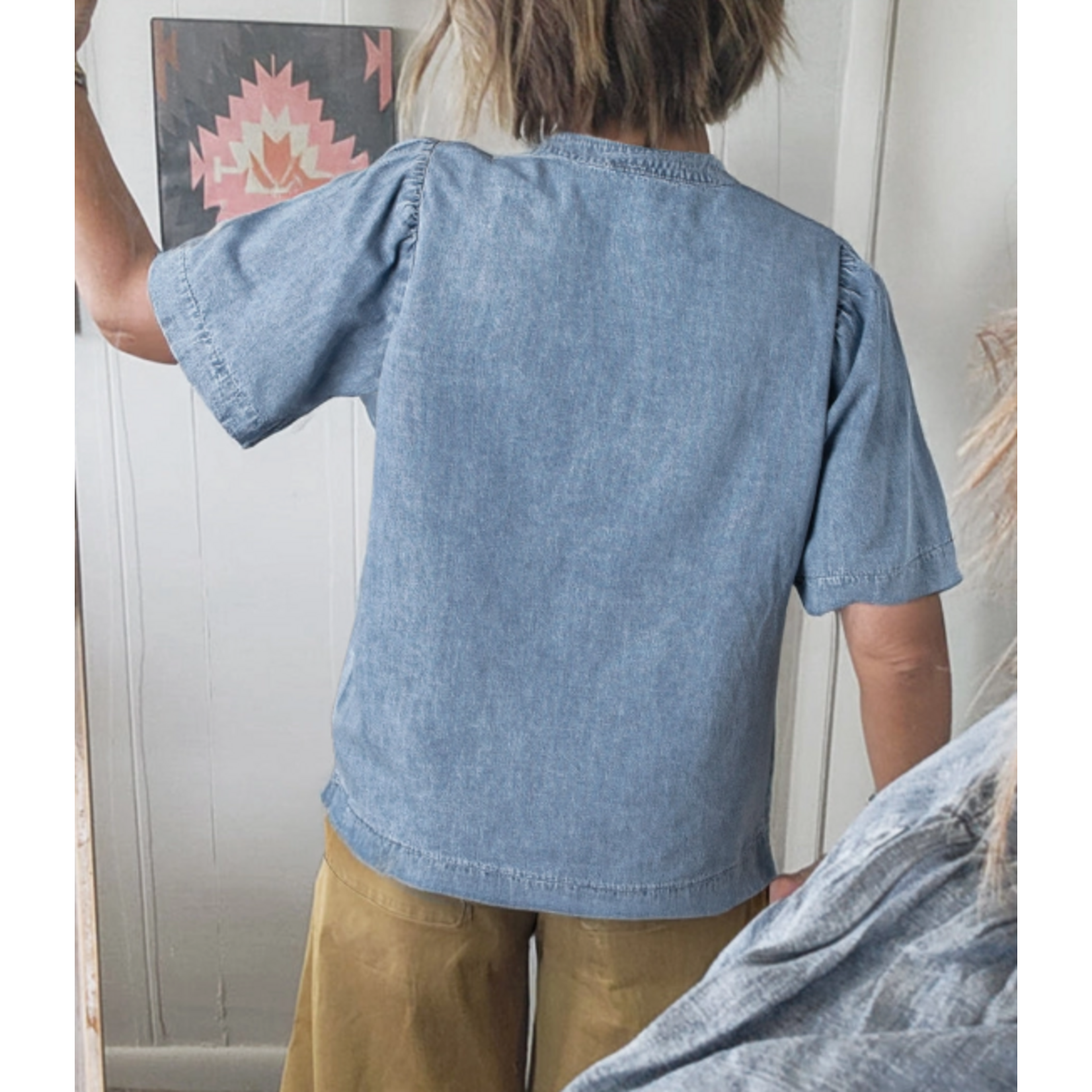 Lovesoft Lovesoft Pintuck Pleats Puff Sleeve V Neck Denim Top