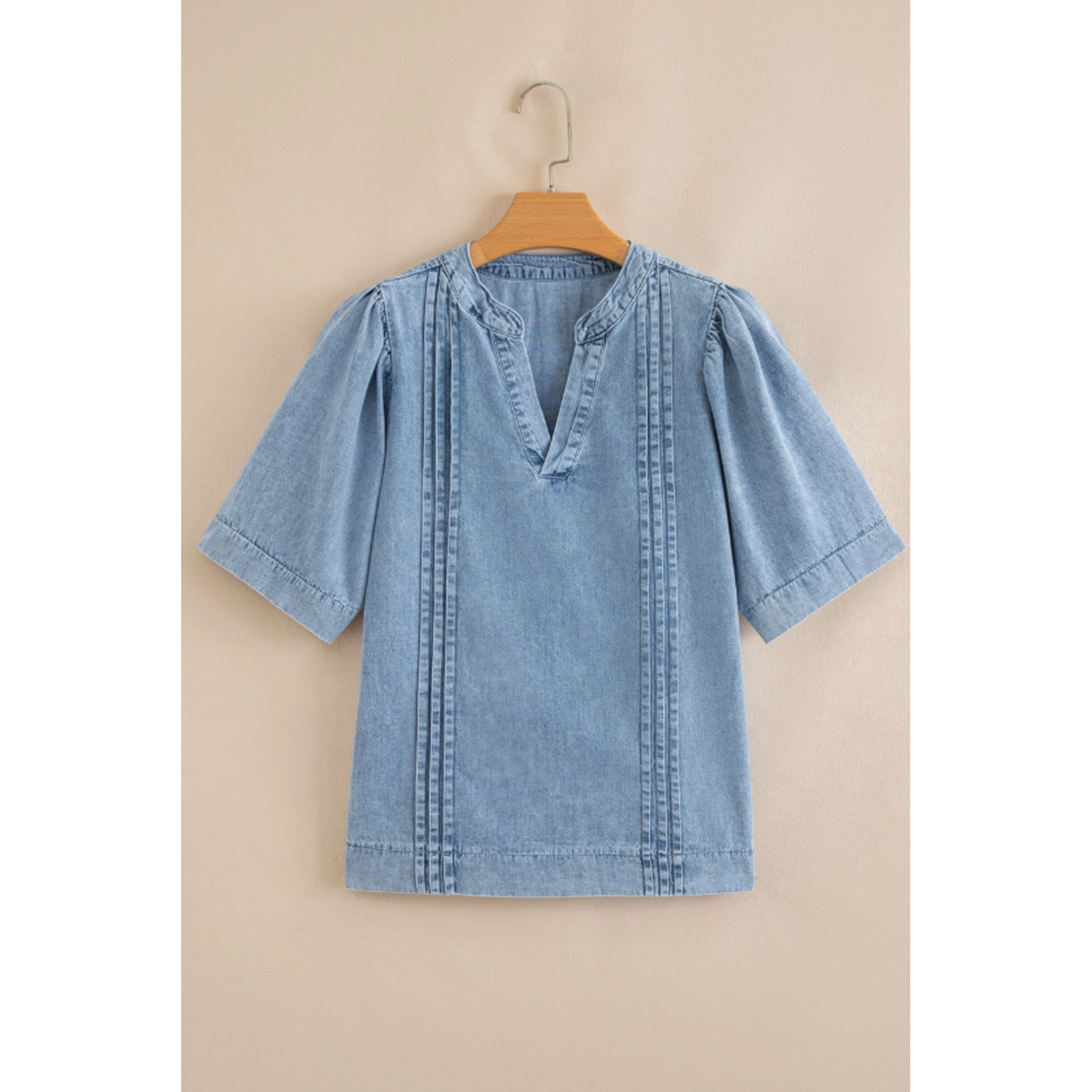 Lovesoft Lovesoft Pintuck Pleats Puff Sleeve V Neck Denim Top