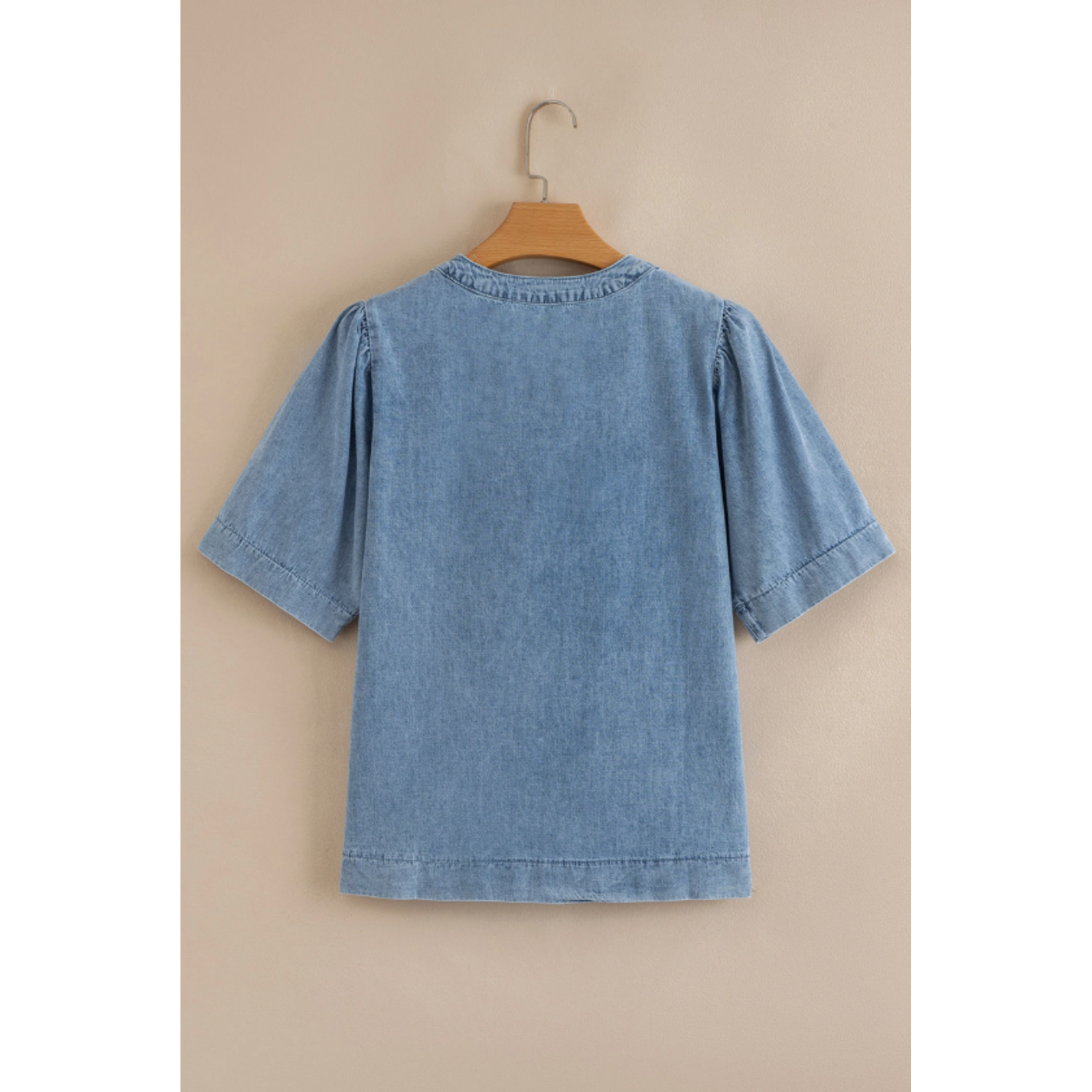 Lovesoft Lovesoft Pintuck Pleats Puff Sleeve V Neck Denim Top