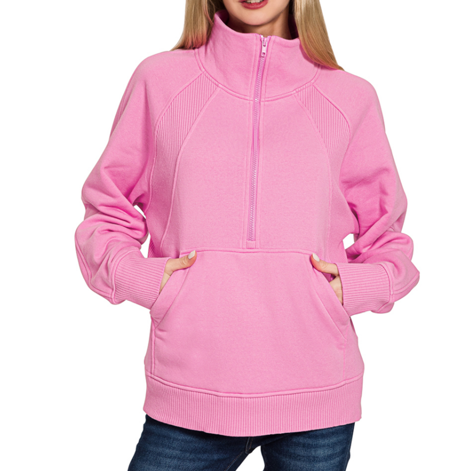 Zenana Zenana Half Zip Fleece Pullover W/ Kangaroo Pocket Candy Pink