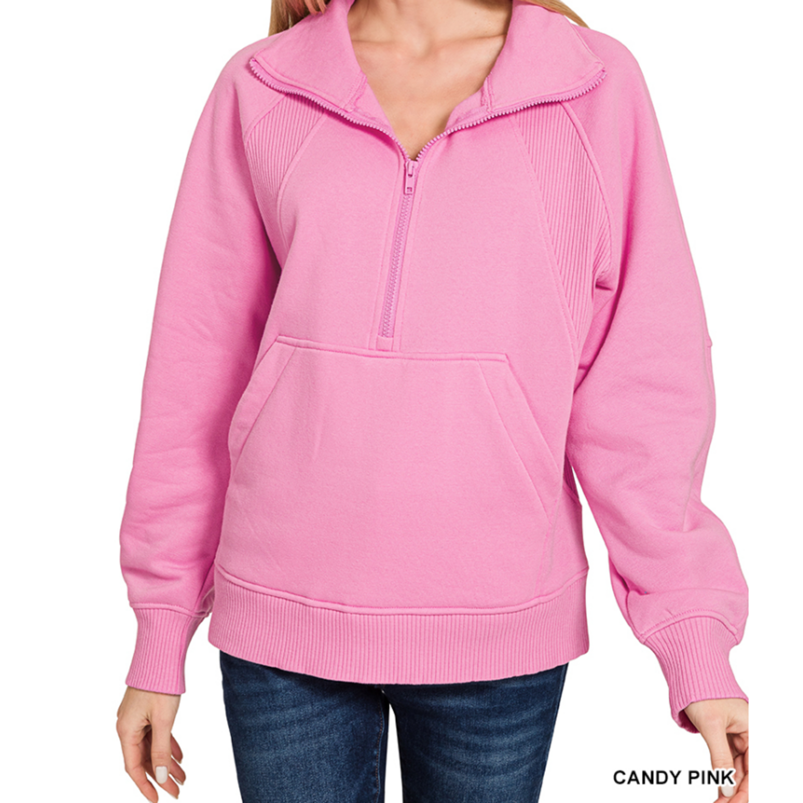 Zenana Zenana Half Zip Fleece Pullover W/ Kangaroo Pocket Candy Pink