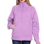 Zenana Zenana Half Zip Fleece Pullover W/ Kangaroo Pocket B Lavender