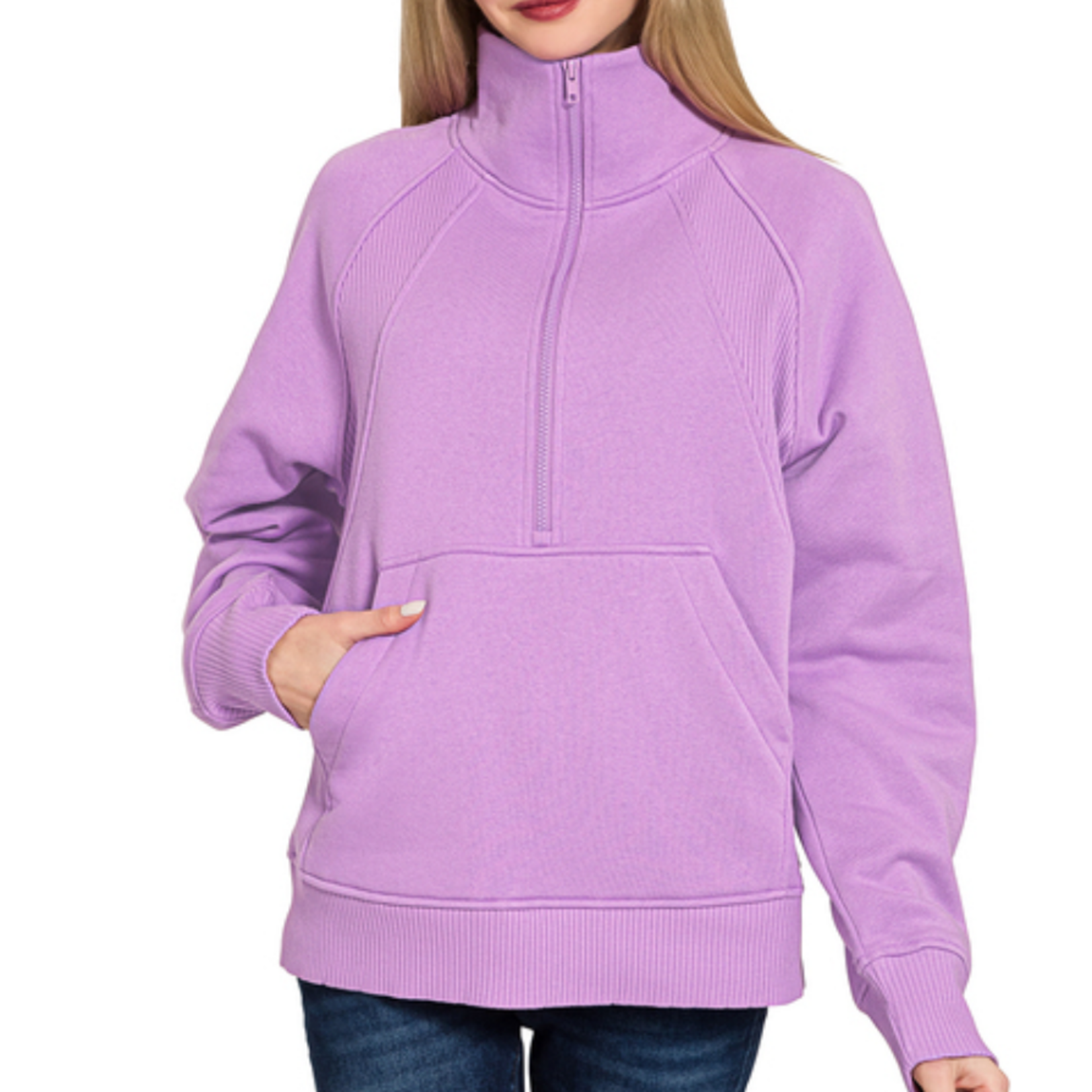Zenana Zenana Half Zip Fleece Pullover W/ Kangaroo Pocket B Lavender